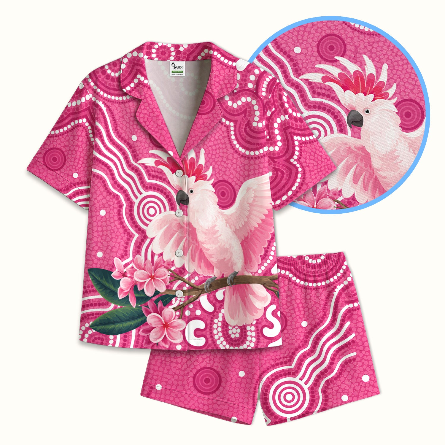 Pink Cockatoo Floral Dot Pattern Pajama Set, Soft Breathable Fabric Comfortable Sleepwear