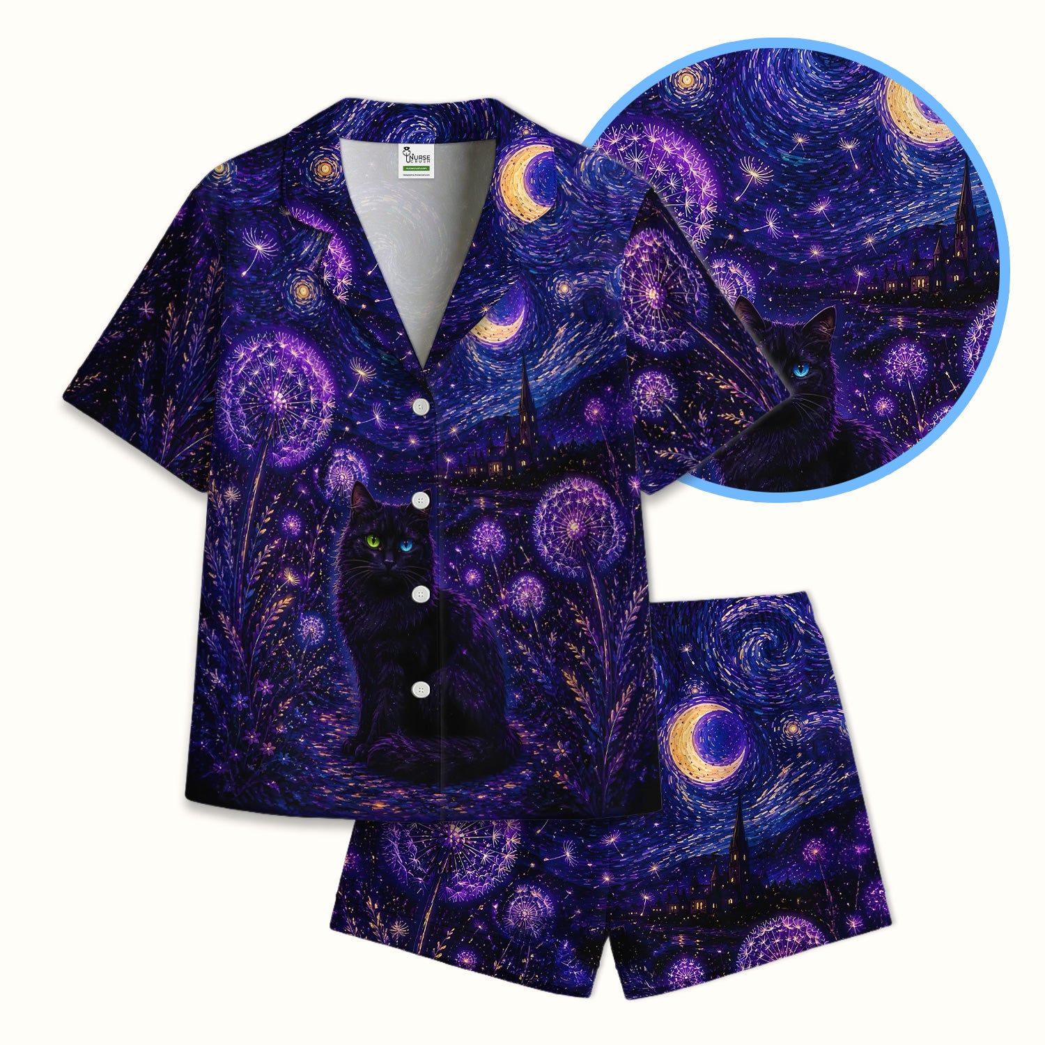 Mystical Black Cat Starry Night Print Pajama Set, Soft Breathable Fabric Comfortable Sleepwear