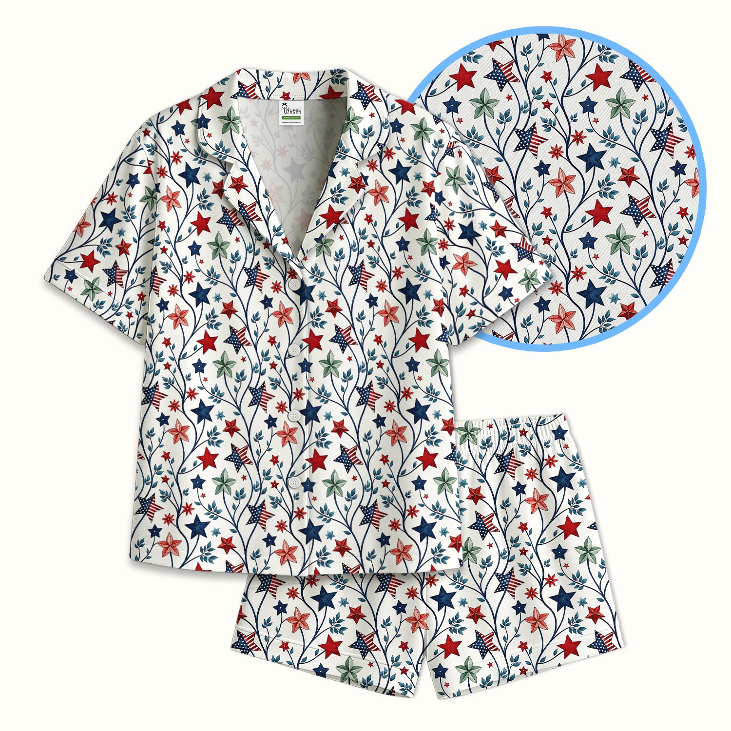 Patriotic Star Vine Floral Print Pajama Set, Soft Breathable Fabric Comfortable Sleepwear
