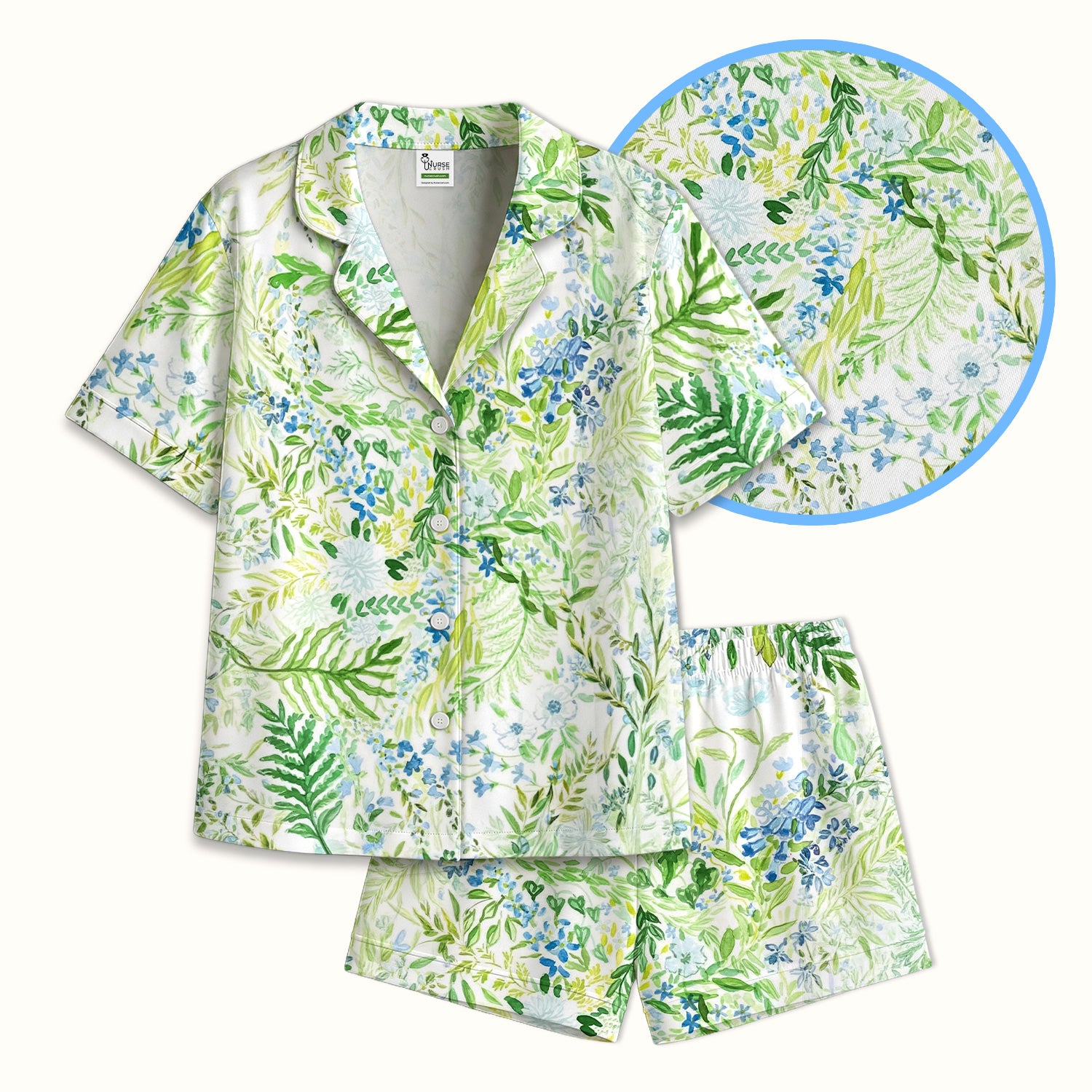 Green Botanical Floral Pattern Pajama Set, Breathable Fabrics Uniform