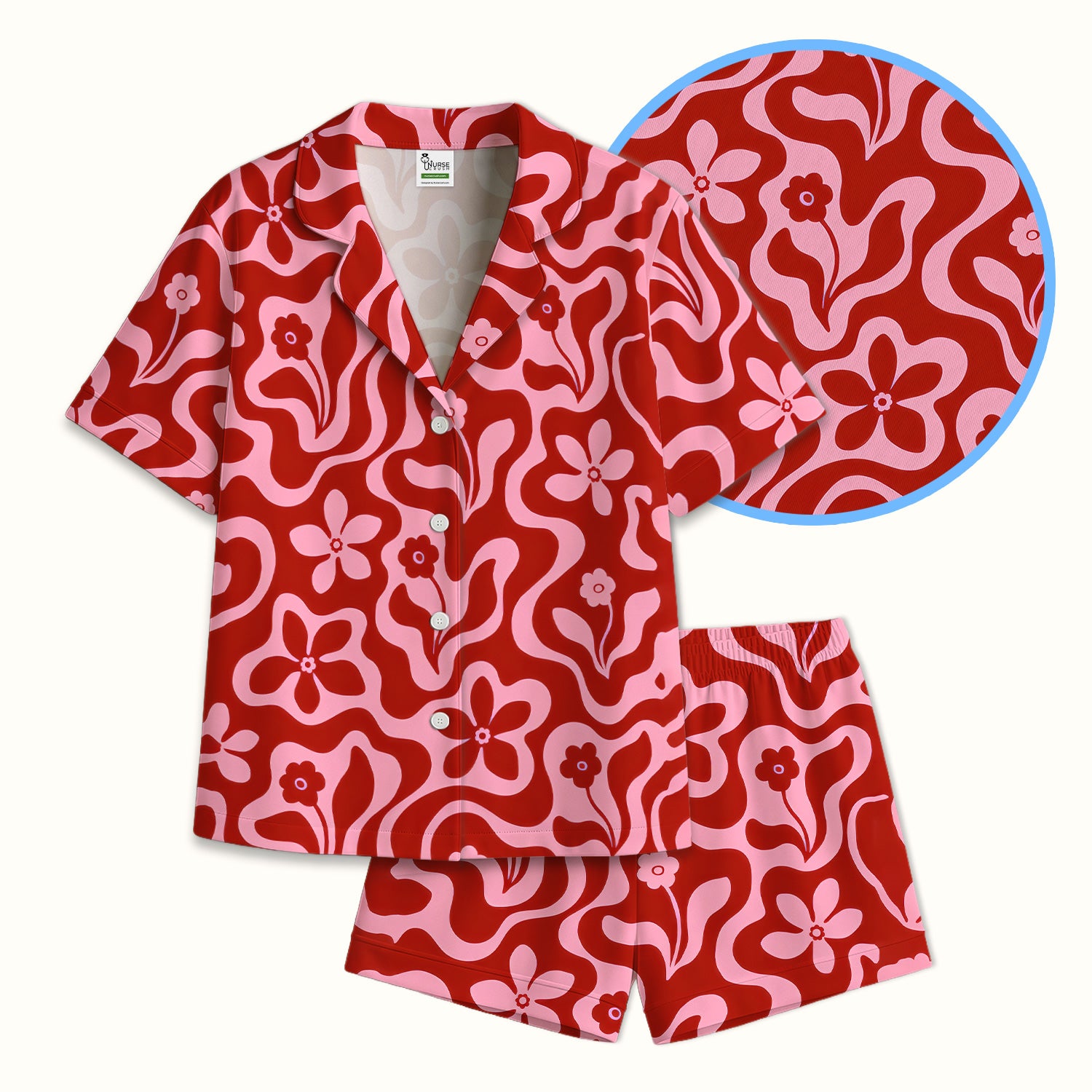 Retro Pink Floral Pattern, Groovy Medical Pajama Set, Soft Breathable Fabric Comfortable Sleepwear