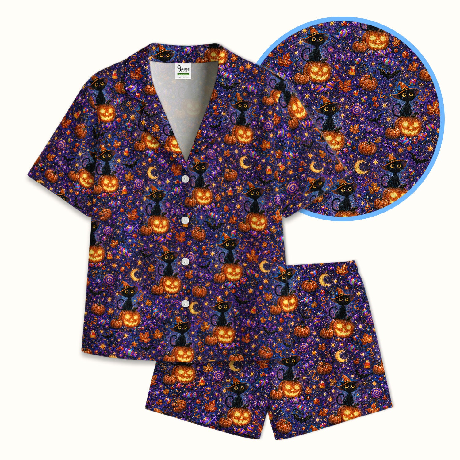 Mystical Halloween Witch Cat Pajama Set, Soft Breathable Fabric Comfortable Sleepwear