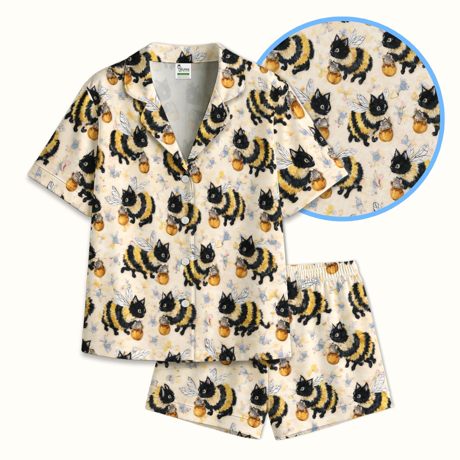 Adorable Nurse Bumblebee Cat Honey Jar Winged Pattern Pajama Set, Soft Breathable Fabric Comfortable Sleepwear