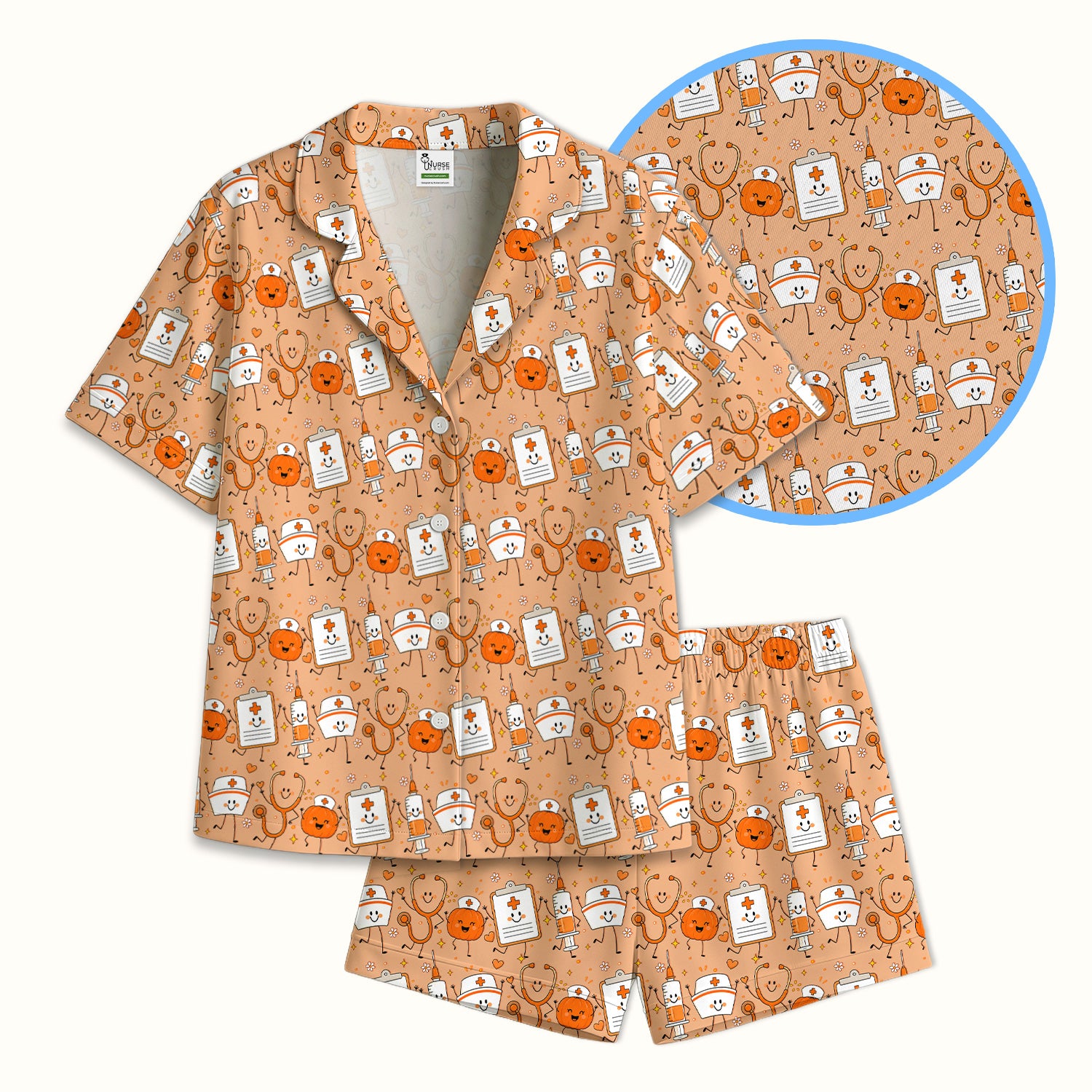 Halloween Stethoscope And Medical Icons Pajama Set, Soft Breathable Fabric Comfortable Sleepwear