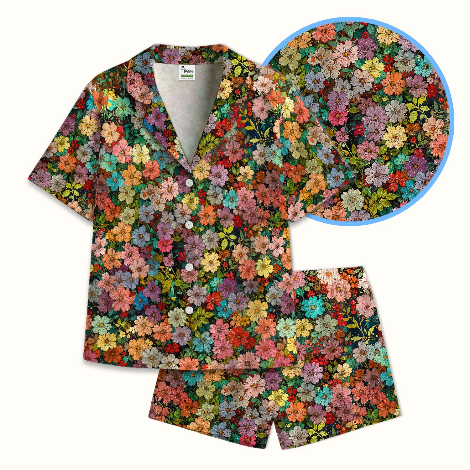 Colorful Wildflower Garden Bloom Pattern Pajama Set, Soft Breathable Fabric Comfortable Sleepwear