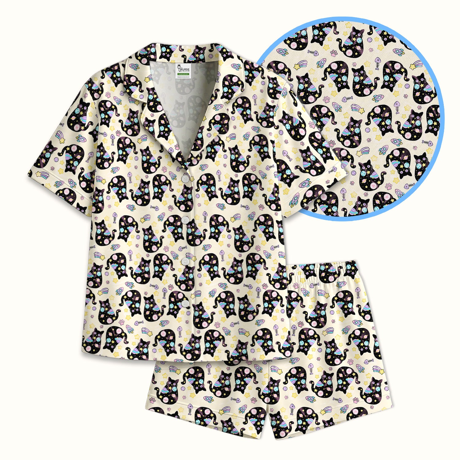 Galaxy Black Cat Space Pattern Pajama Set, Breathable Fabrics Uniform