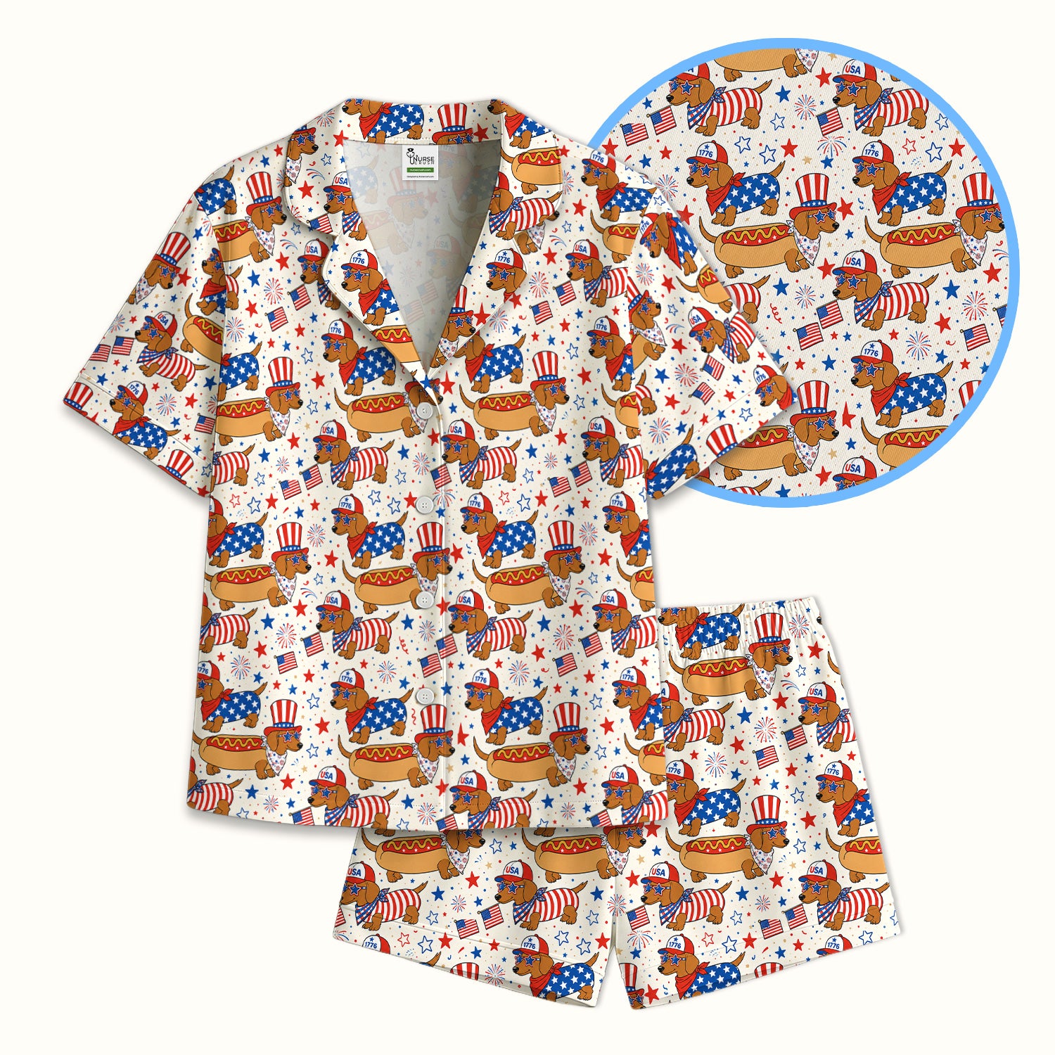 Patriotic Dachshund Fourth Of July Pajama Set, Soft Breathable Fabric Comfortable Sleepwear