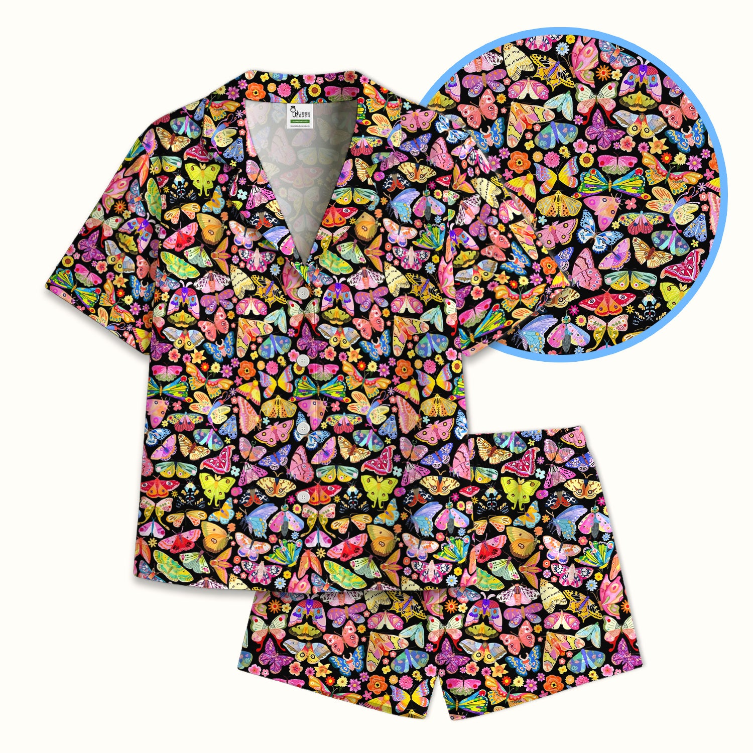 Cute Bright Butterfly Moth Floral Pajama Set, Soft Breathable Fabric Comfortable Sleepwear