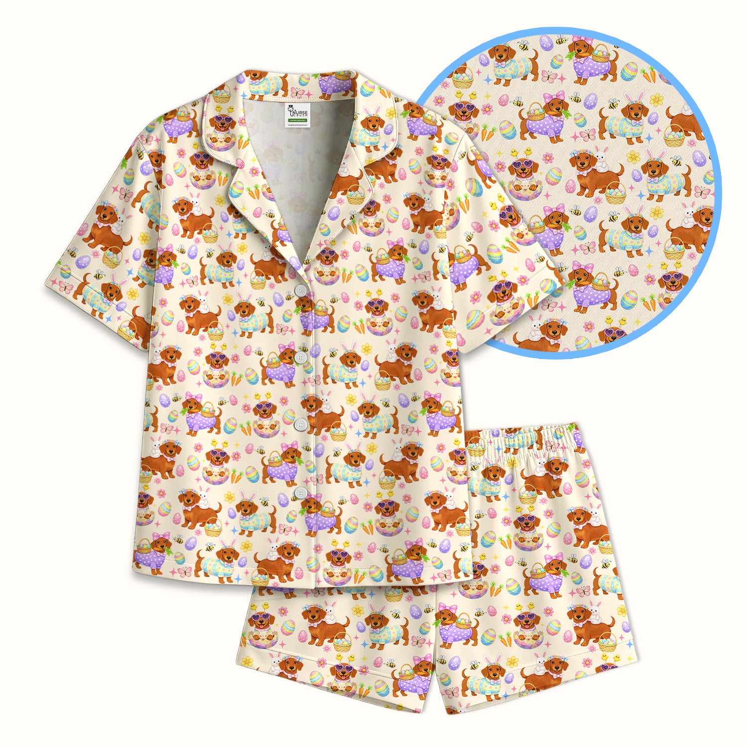 Cute Easter Dachshund Dog Pattern Pajama Set, Breathable Fabrics Uniform