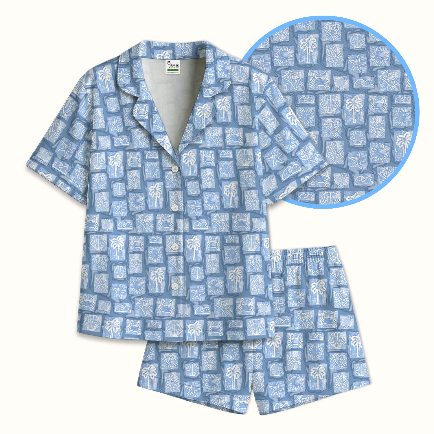 Coastal Seashell Starfish Nurse Pattern Pajama Set, Soft Breathable Fabric Comfortable Sleepwear