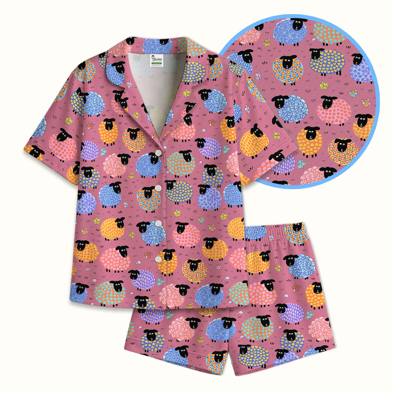 Funny Colorful Sheep Pattern Pajama Set, Breathable Fabrics Uniform