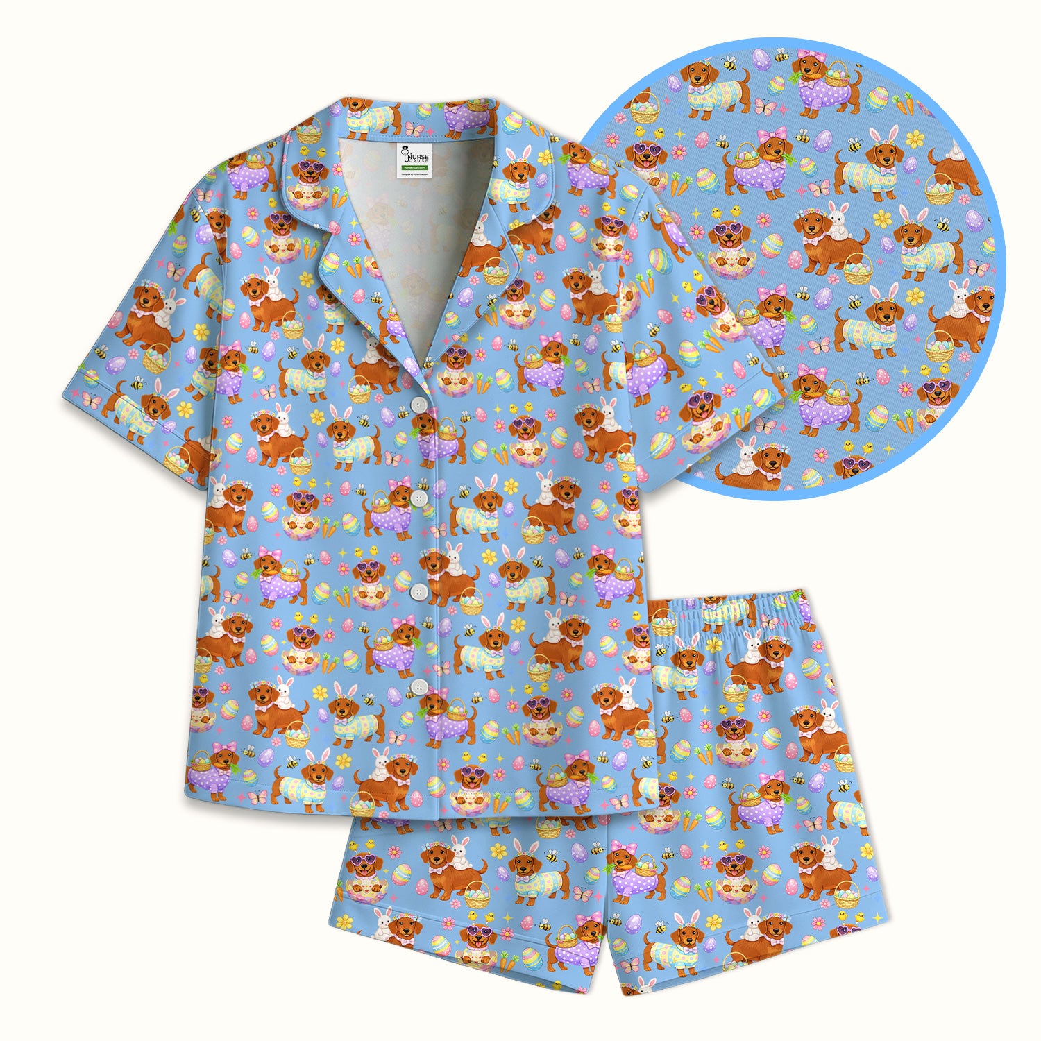 Cute Easter Dachshund Dog Pattern Pajama Set, Breathable Fabrics Uniform