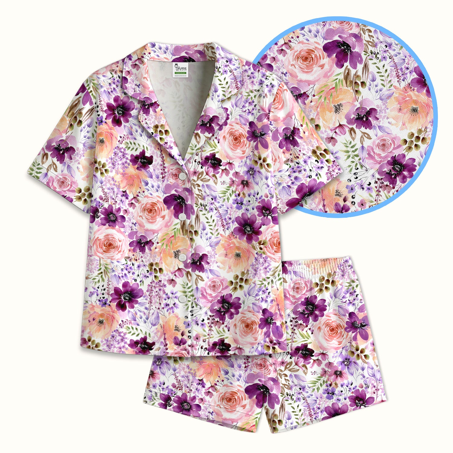 Elegant Watercolor Floral Bloom Pajama Set, Soft Breathable Sleepwear