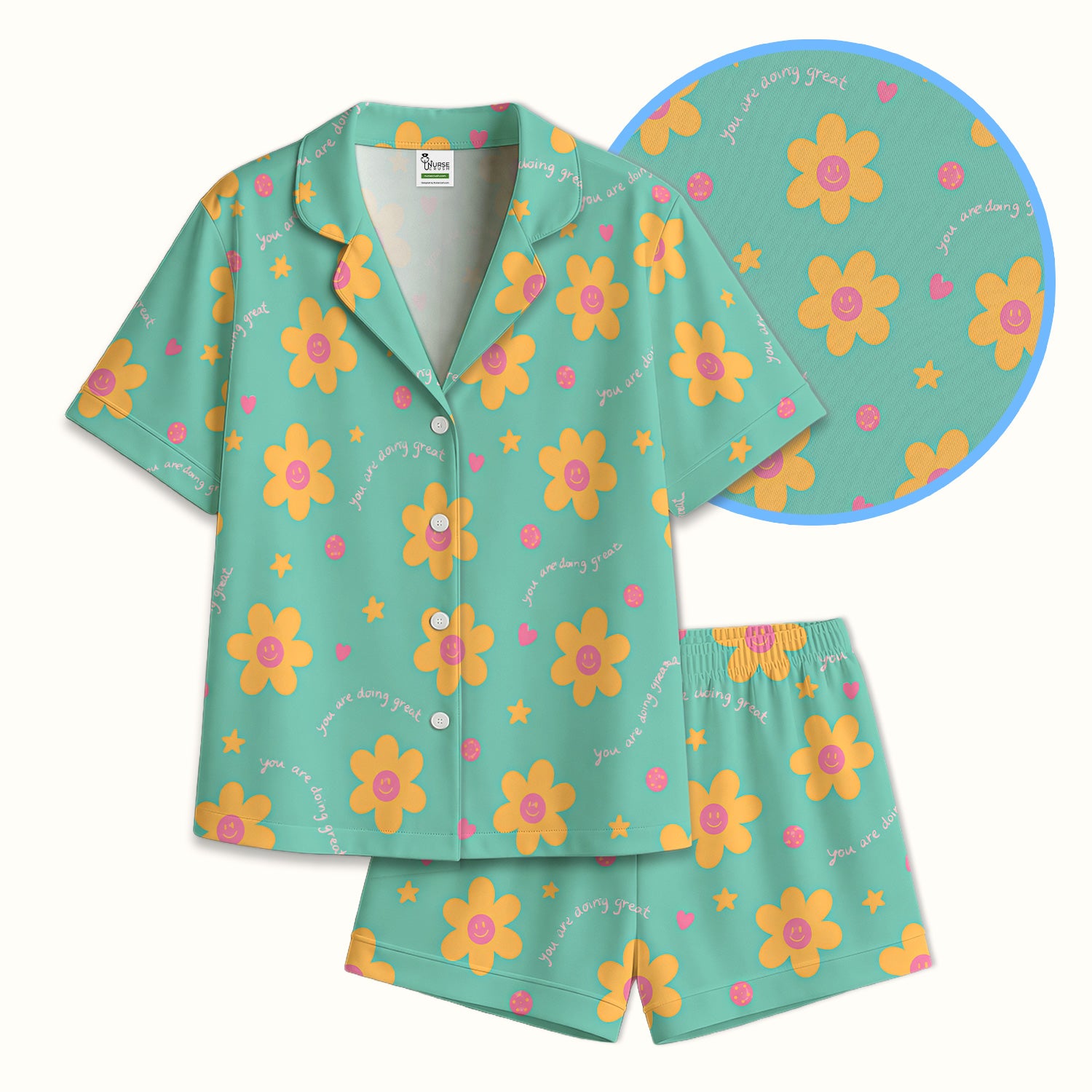 Cheerful Smiley Flower Pattern, Positive Medical Pajama Set, Soft Breathable Fabric Comfortable Sleepwear
