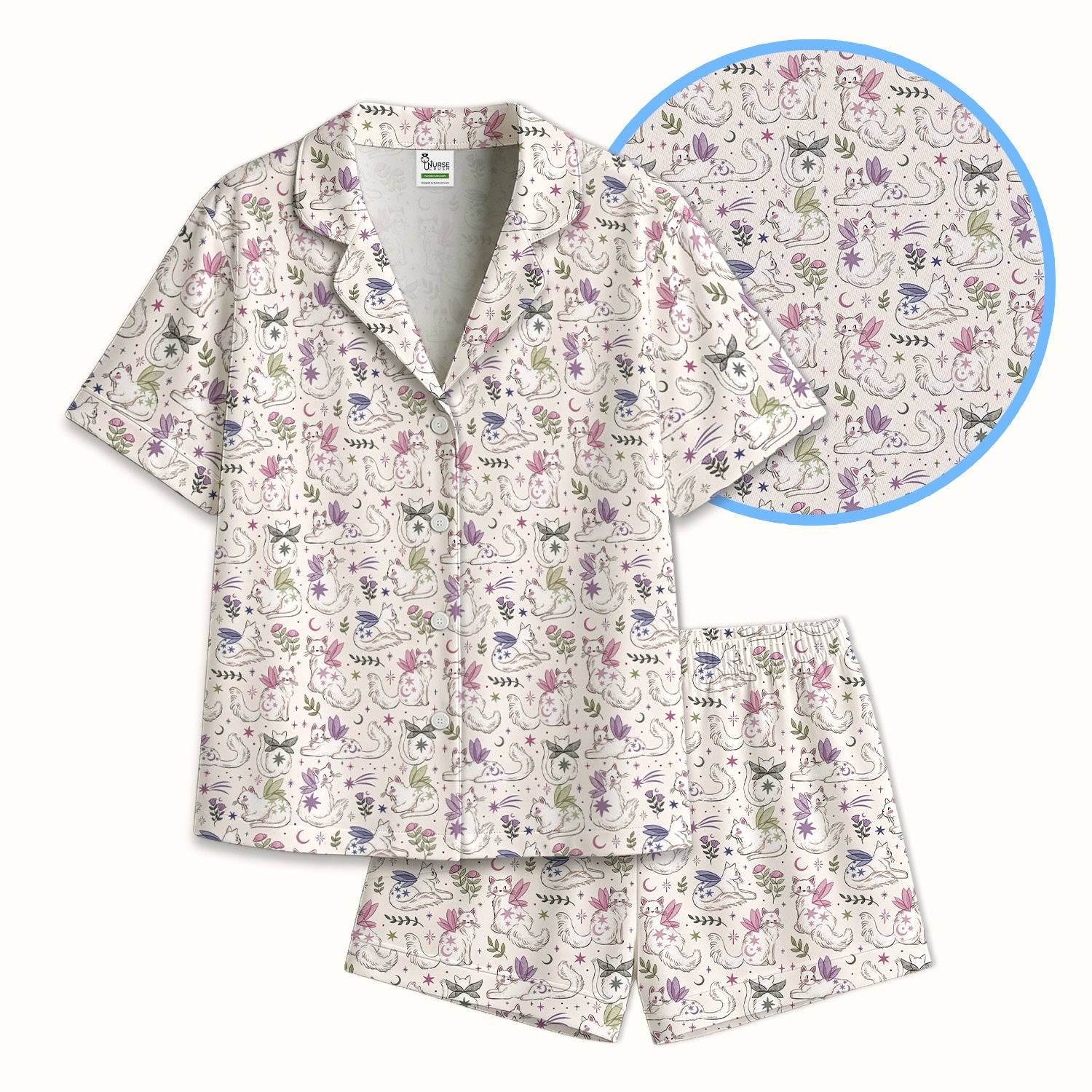 Cute Fairy Cat Moon Star Floral Pattern Pajama Set, Soft Breathable Fabric Comfortable Sleepwear