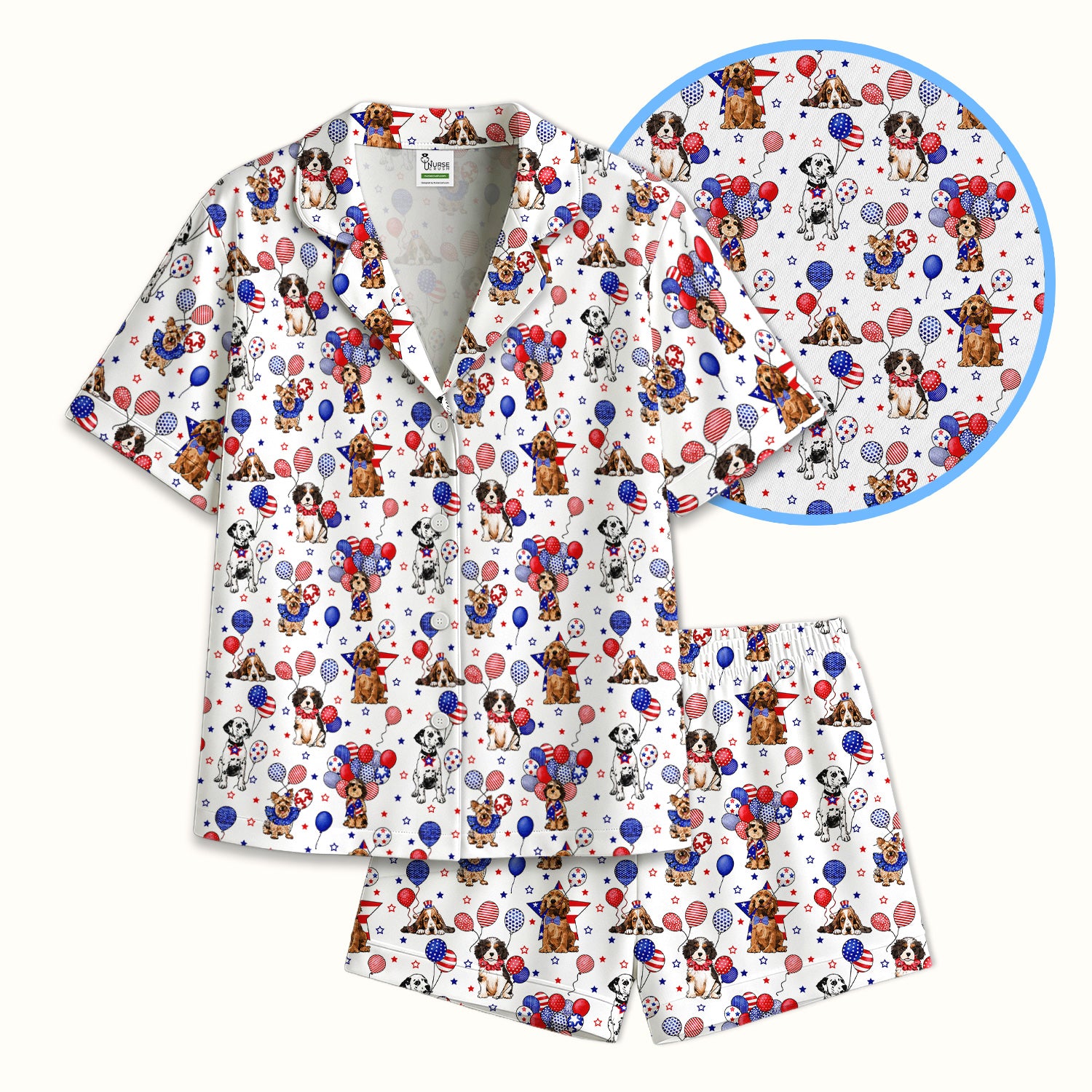 Patriotic Dogs With USA Flag Balloons Pattern Pajama Set, Soft Breathable Fabric Comfortable Sleepwear