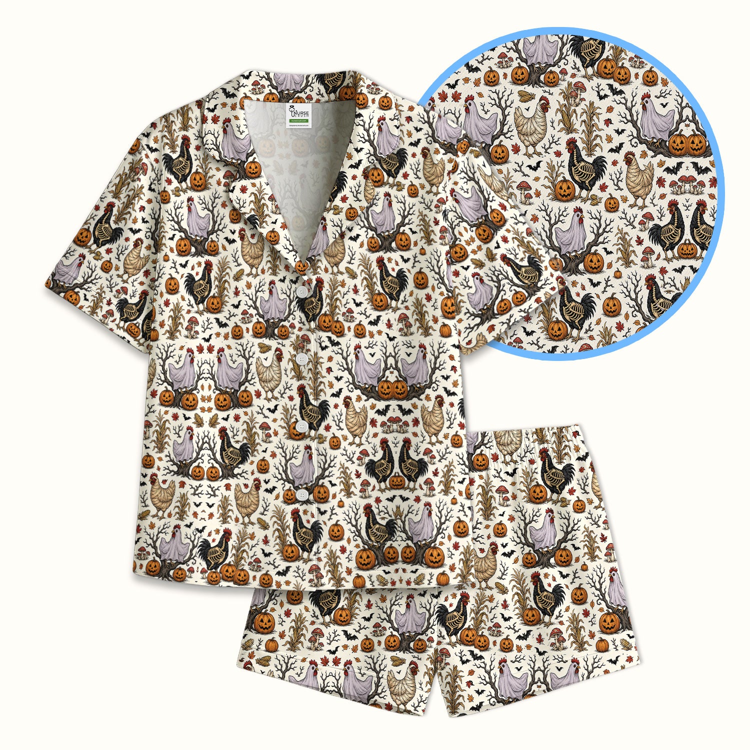 Halloween Skeleton Chickens Pattern Pajama Set, Soft Breathable Fabric Comfortable Sleepwear