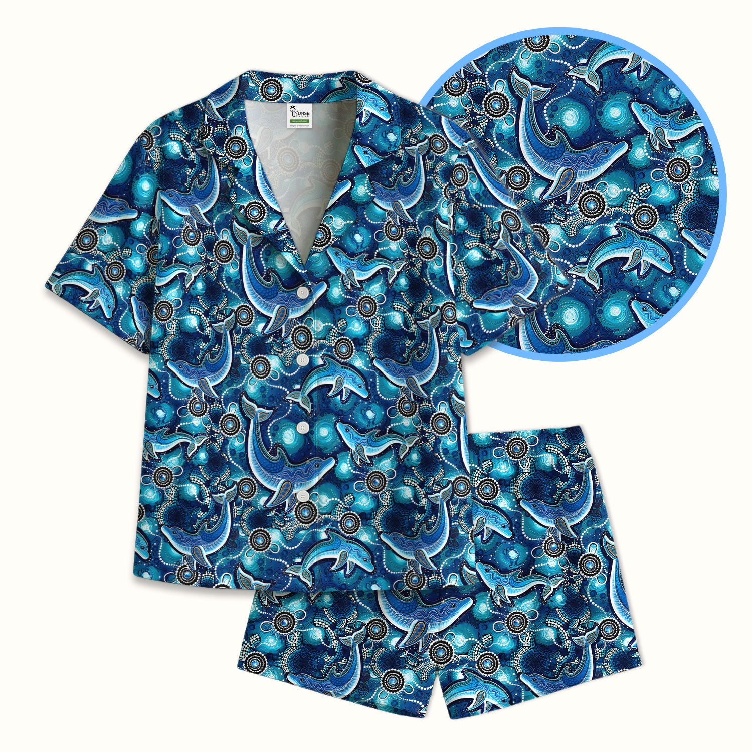 Ocean Dolphin Aboriginal Dot Print Pajama Set, Soft Breathable Fabric Comfortable Sleepwear