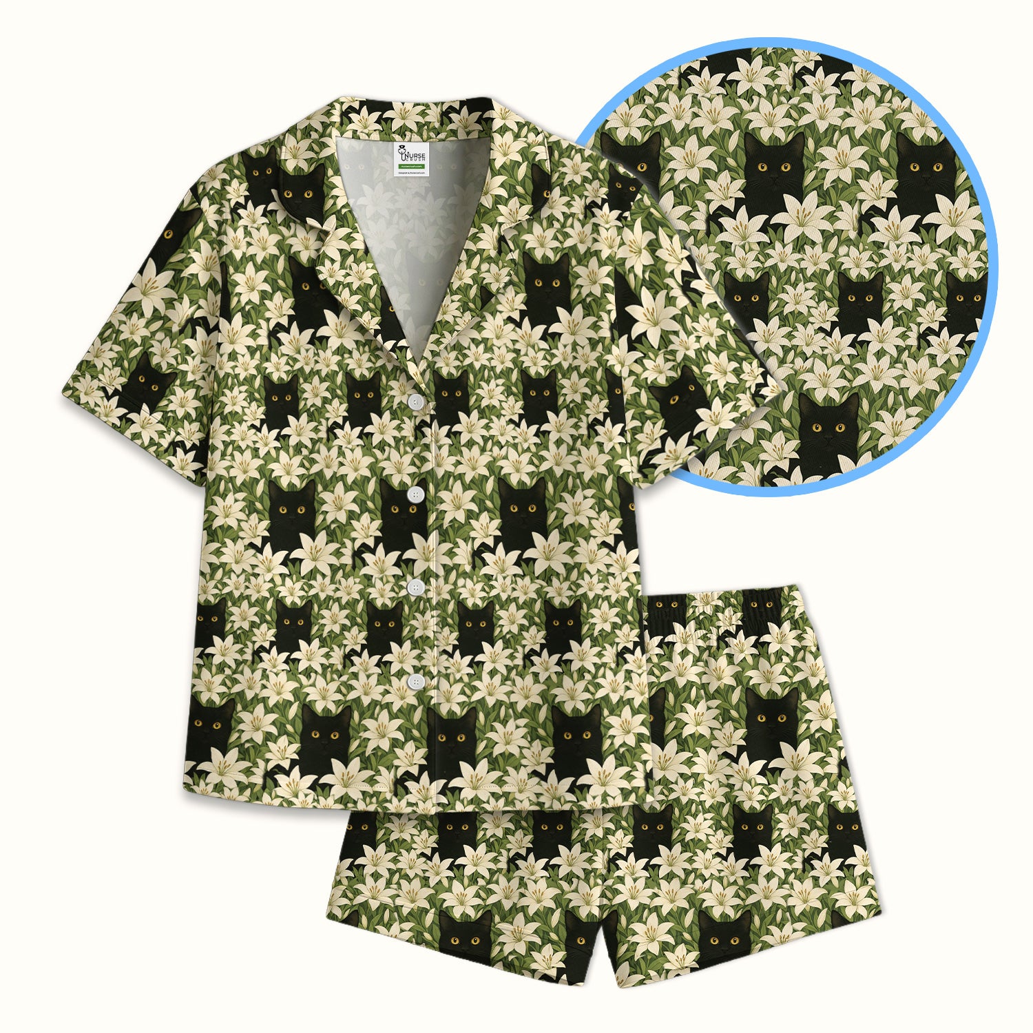 Black Cat Hidden In Lily Garden Pattern Pajama Set,  Breathable Fabrics Uniform