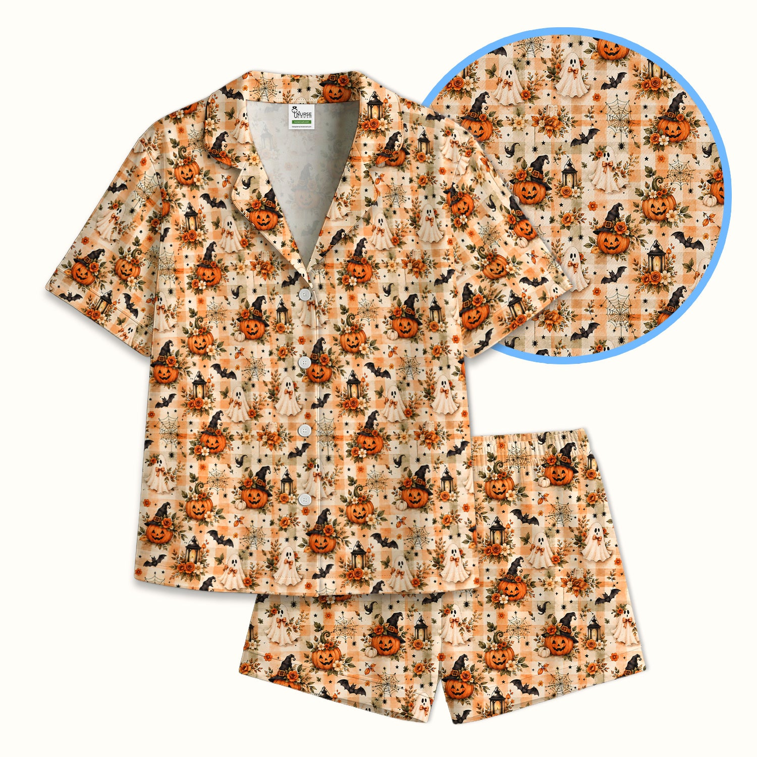 Vintage Halloween Pumpkin And Ghost Pajama Set, Soft Breathable Fabric Comfortable Sleepwear