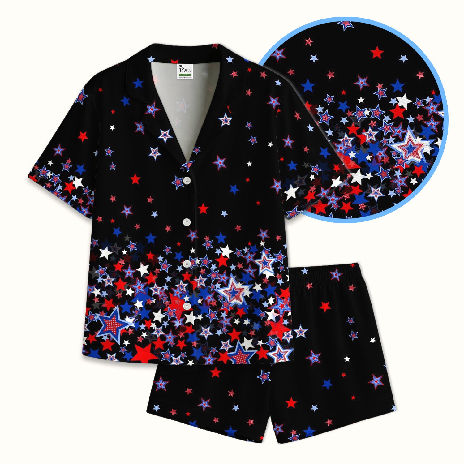 Festive Patriotic Red Blue Star Pattern Pajama Set, Soft Breathable Fabric Comfortable Sleepwear