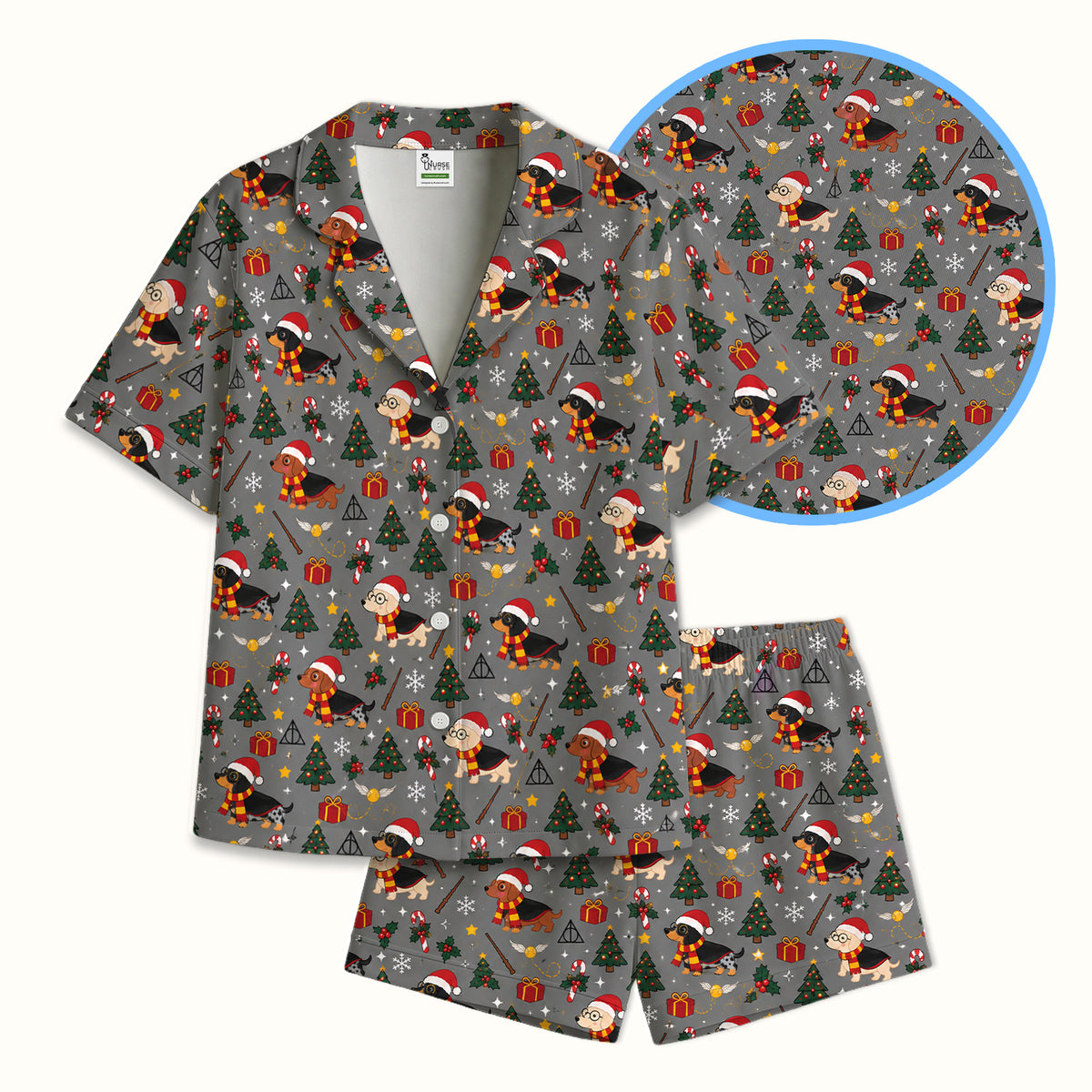 Christmas Wizard Dachshunds Pattern Pajama Set, Soft Breathable Fabric Comfortable Sleepwear