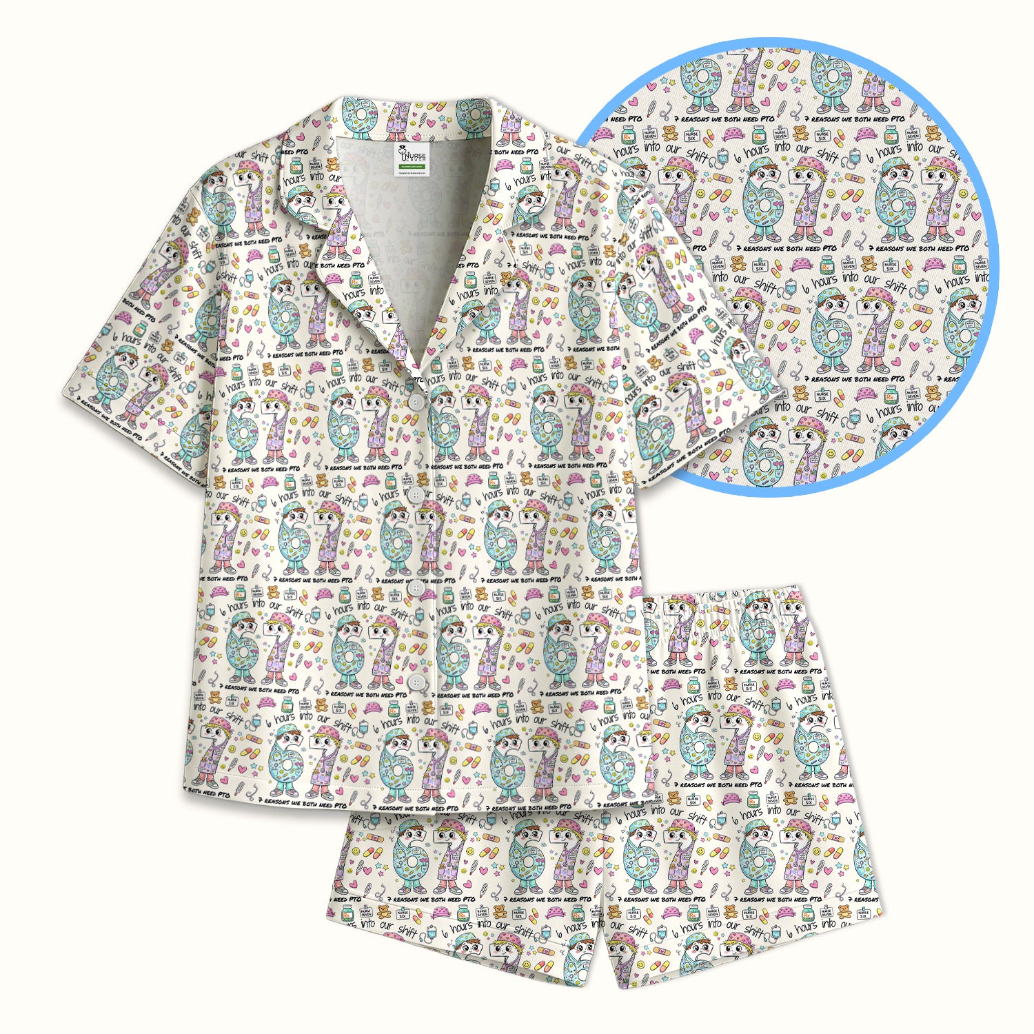 Cartoon Characters Six Hours Into Shift With Medical Doodle Pajama Set, Breathable Fabrics Uniform