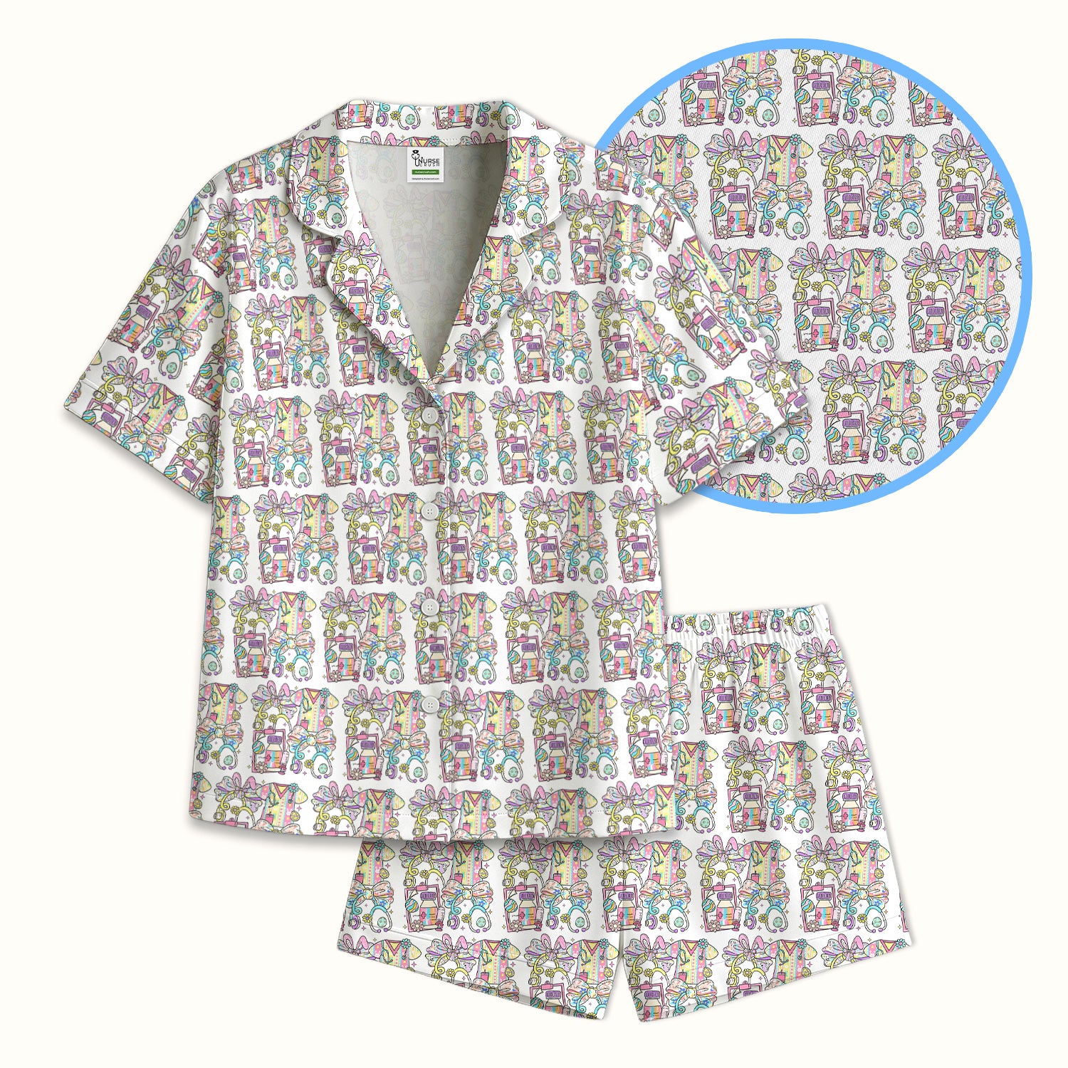 Colorful Nurse Scrub Supplies Pattern Pajama Set, Breathable Fabrics Uniform