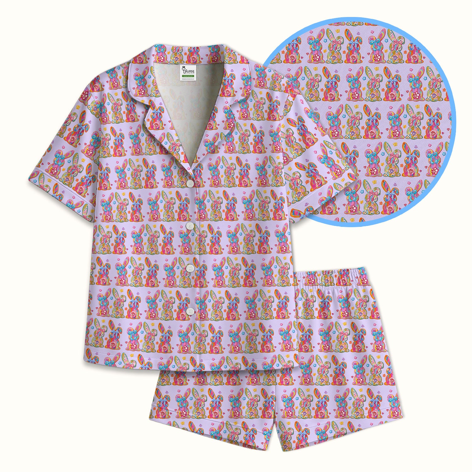 Cute Pastel Bunny Floral Pattern Pajama Set, Breathable Fabrics Uniform