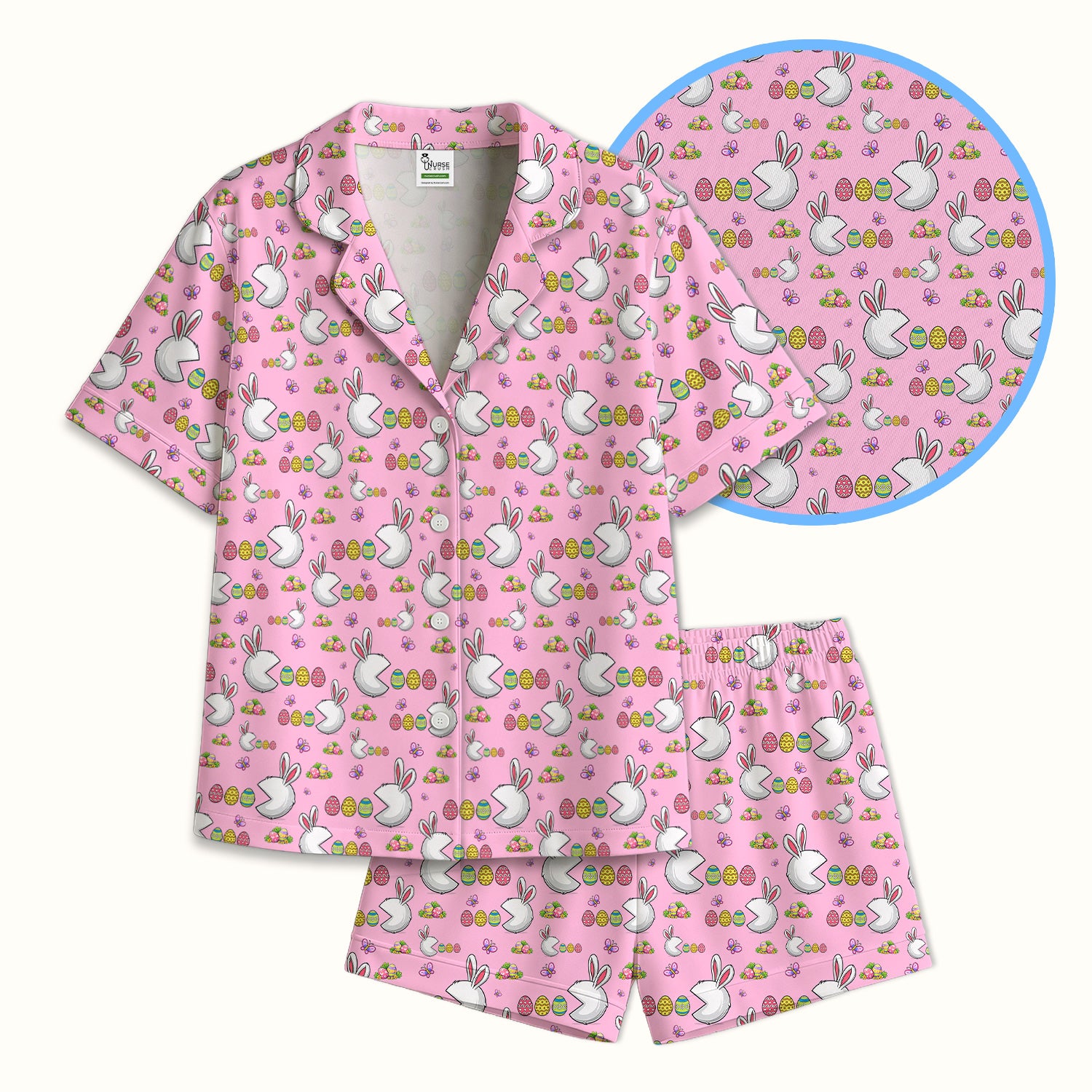 Easter Bunny and Colorful Eggs Print  Pajama Set, Breathable Fabrics Uniform