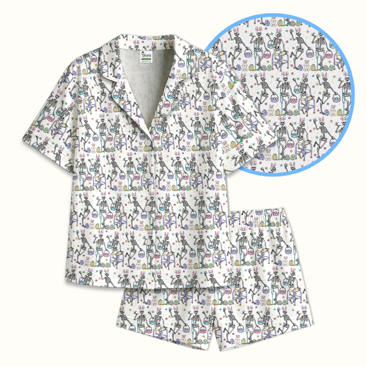 Fun Skeleton Bunny Easter Print Pajama Set, Breathable Fabrics Uniform