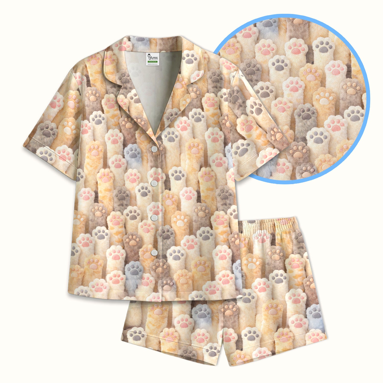 Cute Fluffy Cat Paw Print Pajama Set, Soft Breathable Fabric Comfortable Sleepwear