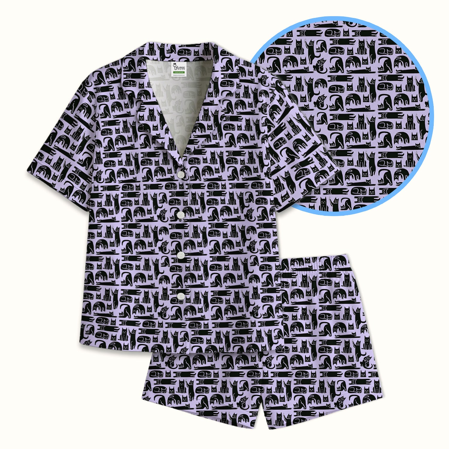 Cute Funny Cat Poses Print Pajama Set, Breathable Fabrics Uniform