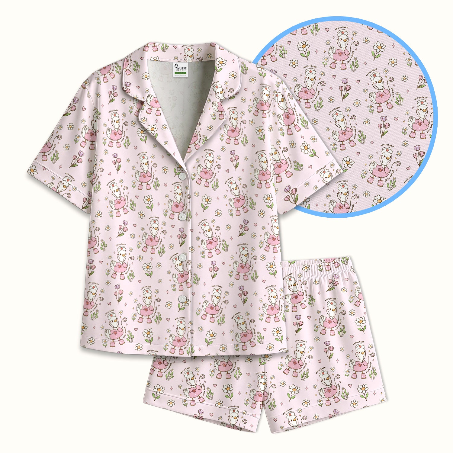 Funny Nurse Goose Daisy Print Pajama Set, Soft Breathable Fabric Comfortable Sleepwear