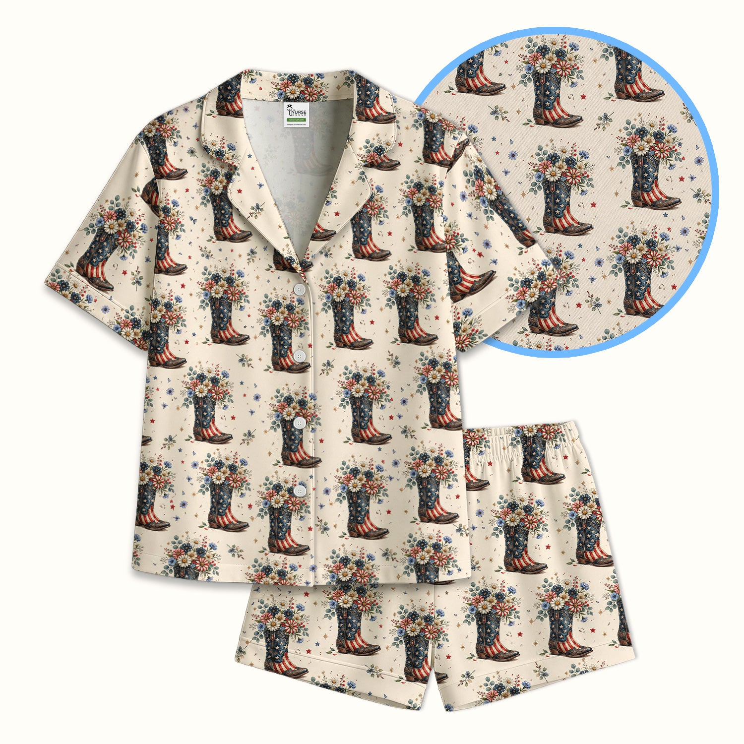 Festive Patriotic Cowboy Boots Flower Pattern Pajama Set, Soft Breathable Fabric Comfortable Sleepwear