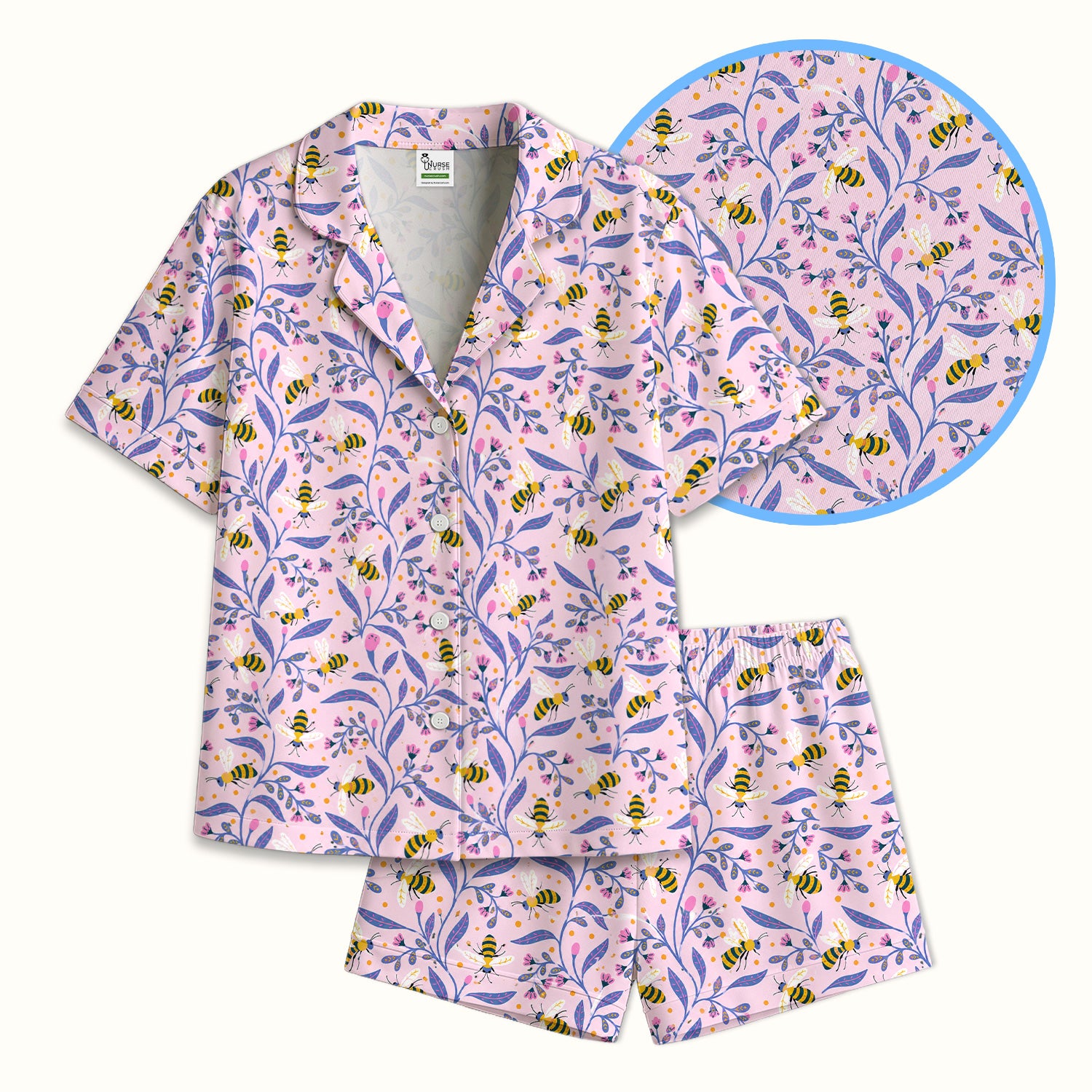 Cute Bumble Bee Floral Pattern Pajama Set, Soft Breathable Fabric Comfortable Sleepwear