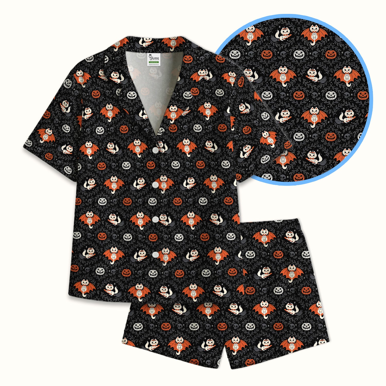Cute Halloween Vampire Cat Pattern Pajama Set, Soft Breathable Fabric Comfortable Sleepwear
