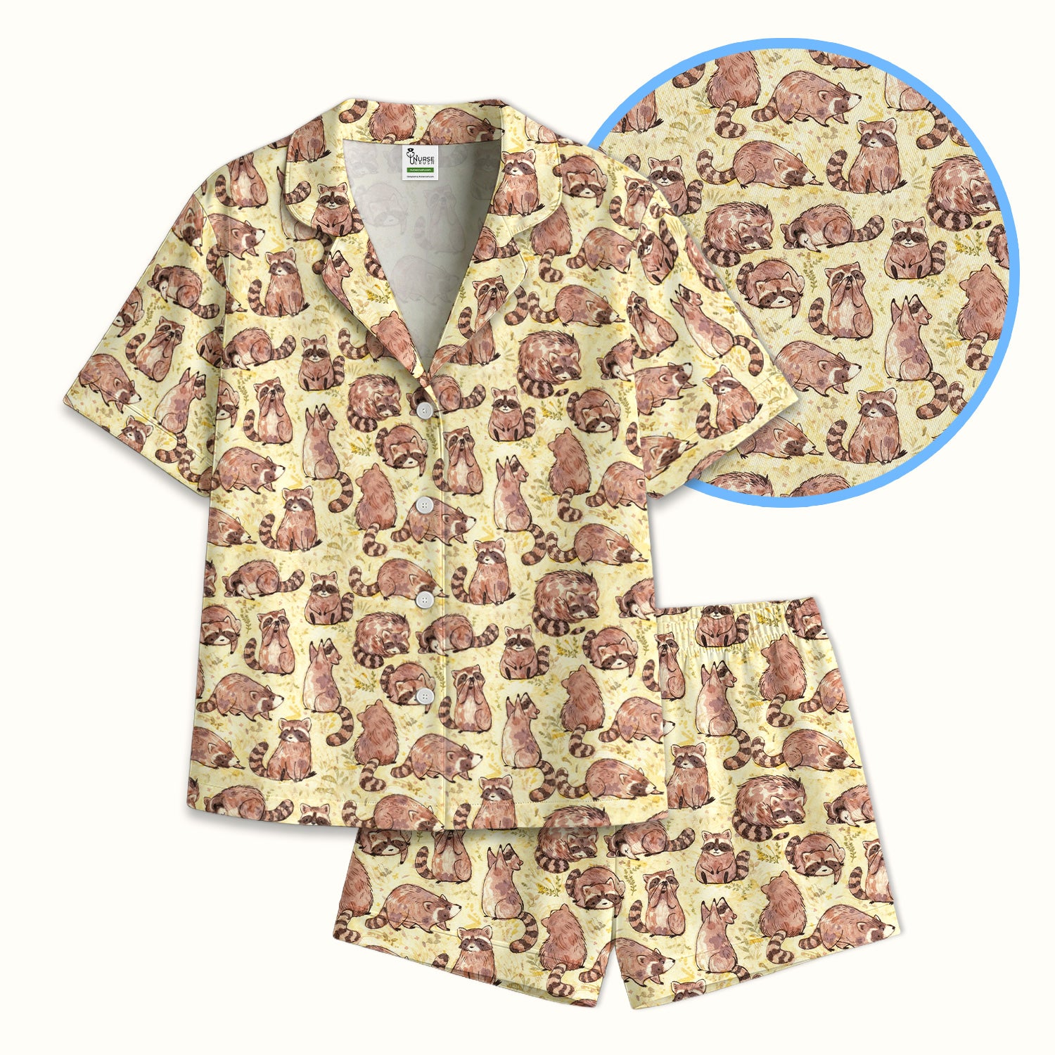 Cute Raccoon Woodland Pattern Pajama Set, Breathable Fabrics Uniform