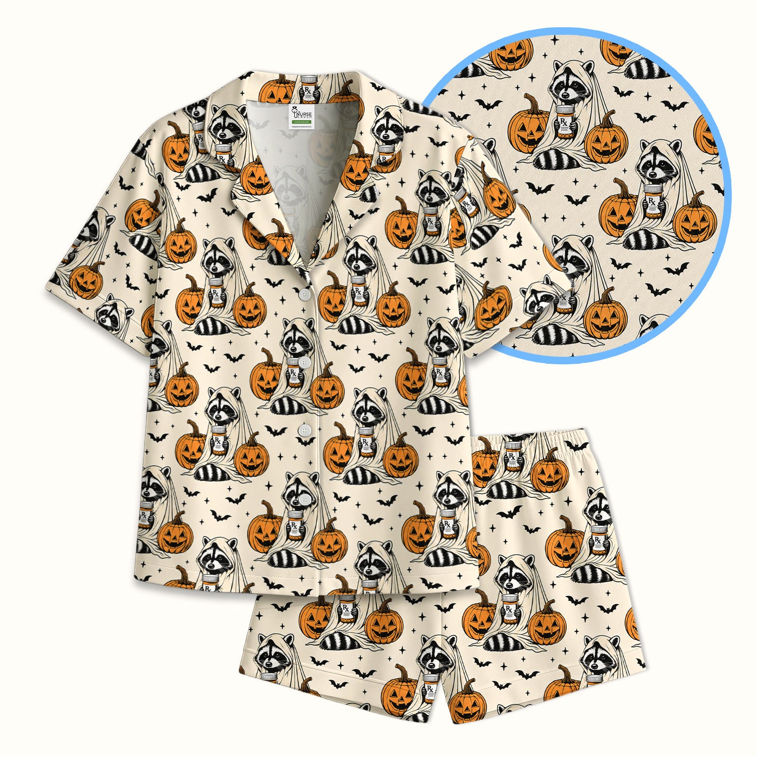 Halloween Raccoon with Pumpkin Bat Print Pajama Set, Soft Breathable Fabric Comfortable Sleepwear