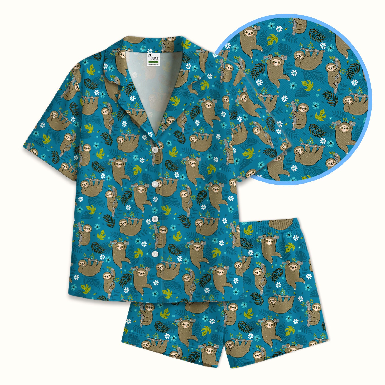 Jungle Tropical Sloth Pattern Pajama Set, Soft Breathable Fabric Comfortable Sleepwear