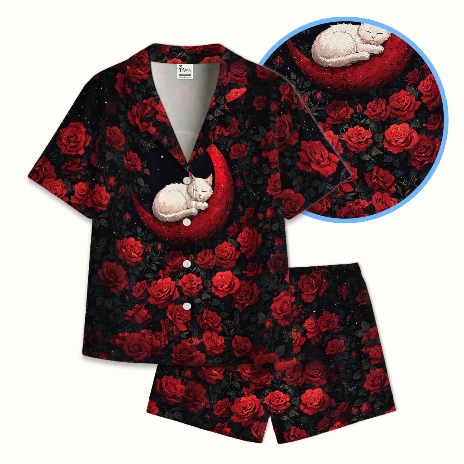 Gothic Red Moon Cat Nurse for Veterinary Staff, RN, CNA, Rose Medical Pajama Set, Soft Breathable Fabric Comfortable Sleepwear
