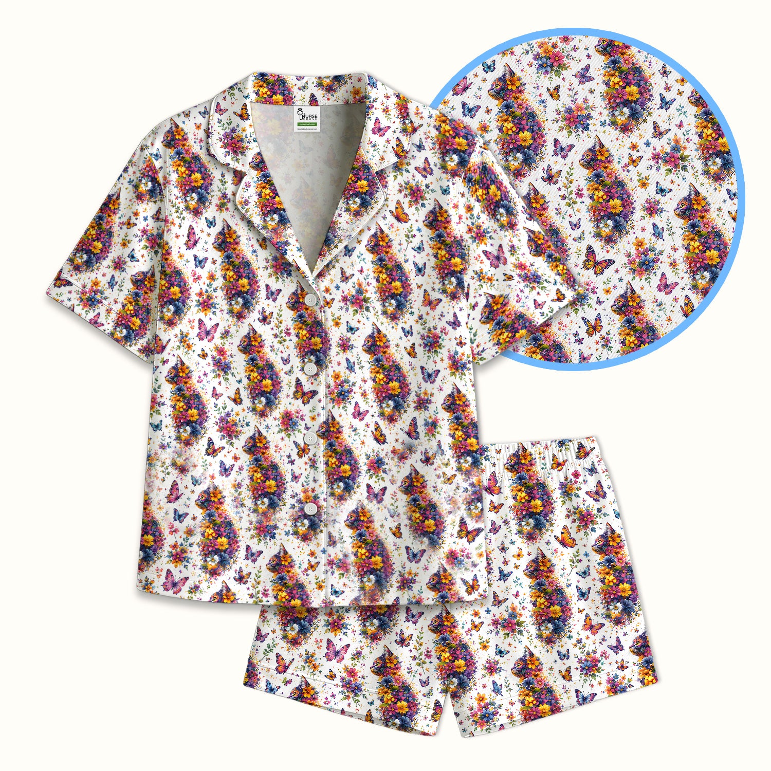 Cute Floral Cat With Butterfly Pattern Pajama Set, Soft Breathable Fabric Comfortable Sleepwear