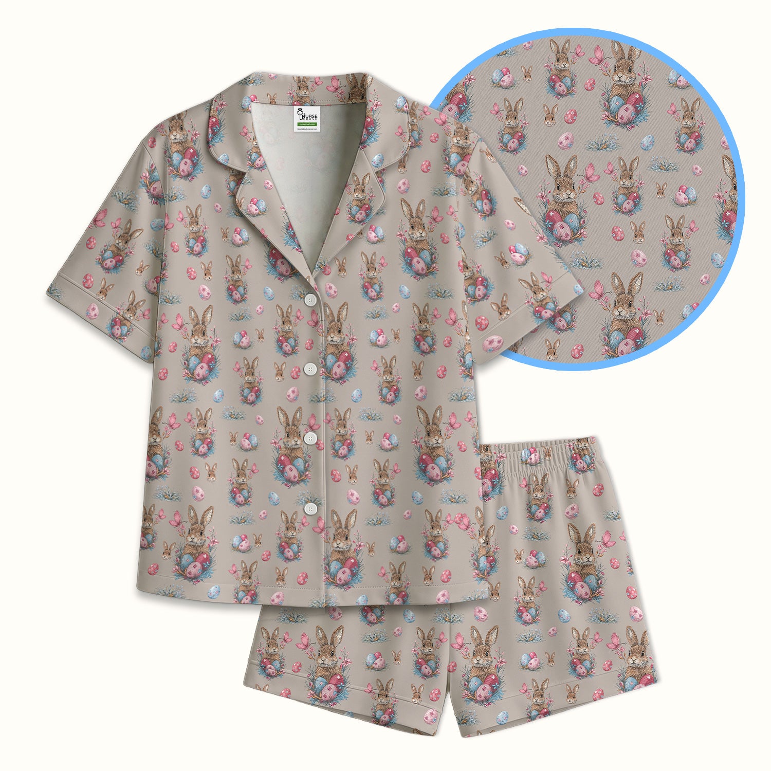 Pastel Easter Bunny Nest Pattern Pajama Set, Breathable Fabrics Uniform