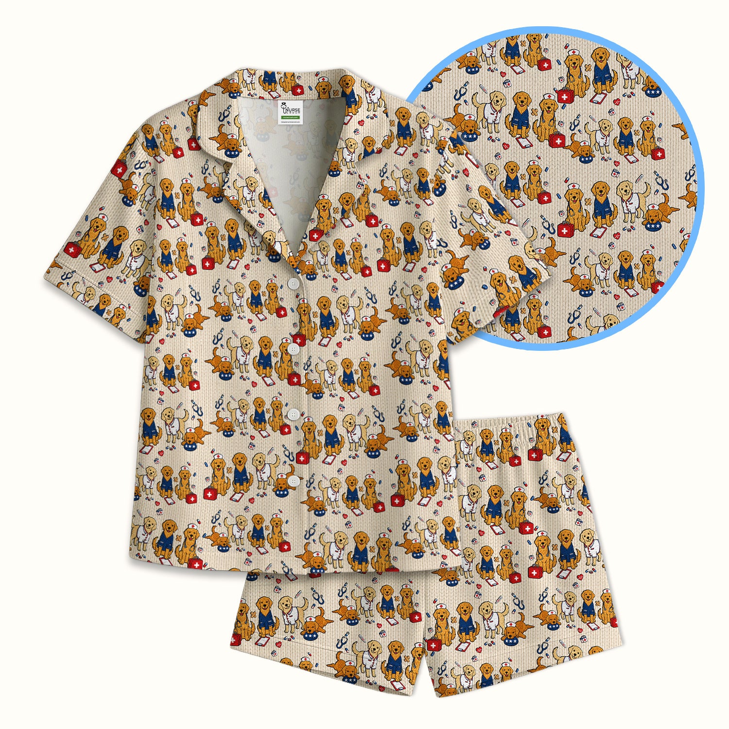 Golden Retriever Nurse Dog Pattern Scrub Top, Breathable Fabrics Nursing Uniform Pajama Set, Soft Breathable Fabric Comfortable Sleepwear