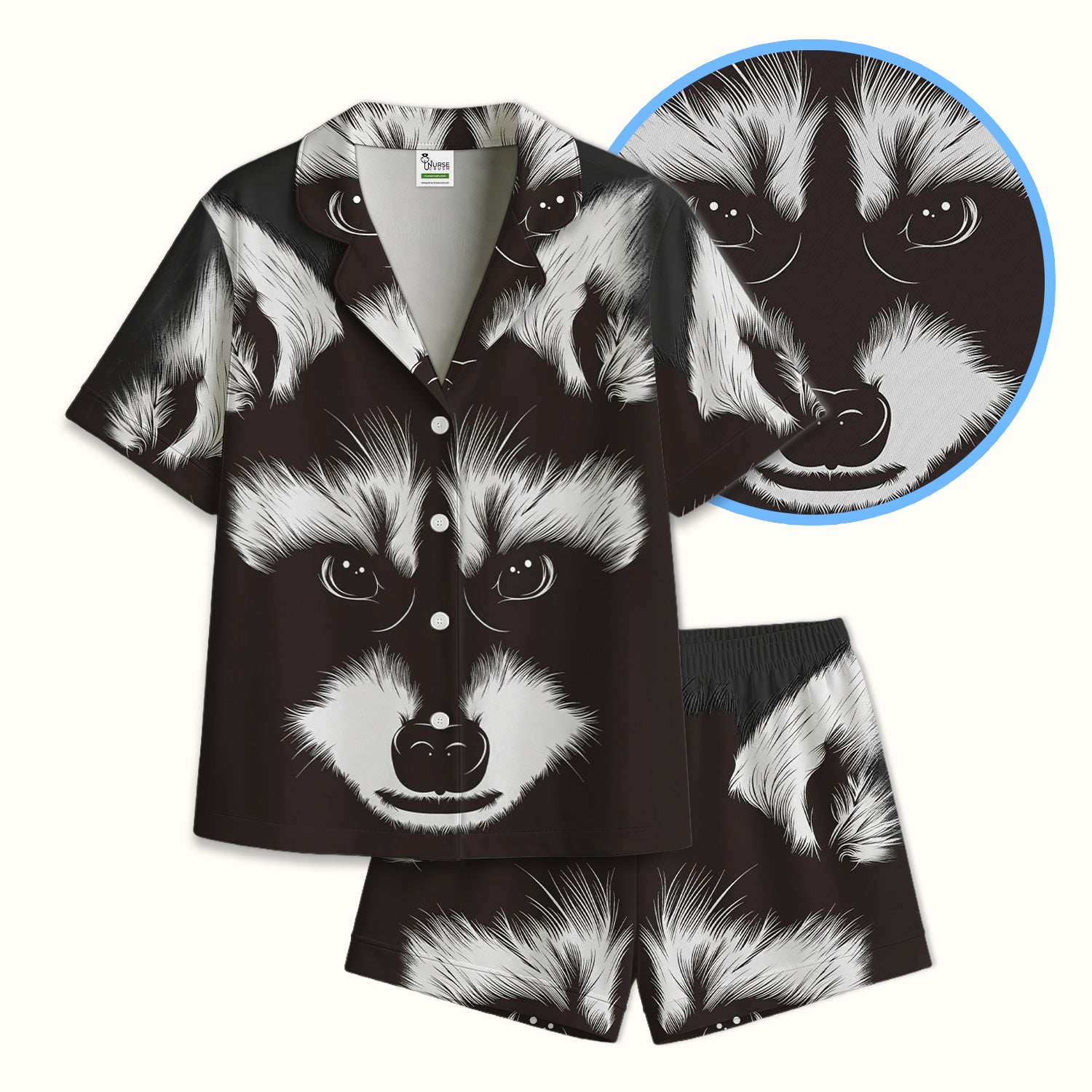 Black White Raccoon Face Pattern Pajama Set, Soft Breathable Fabric Comfortable Sleepwear