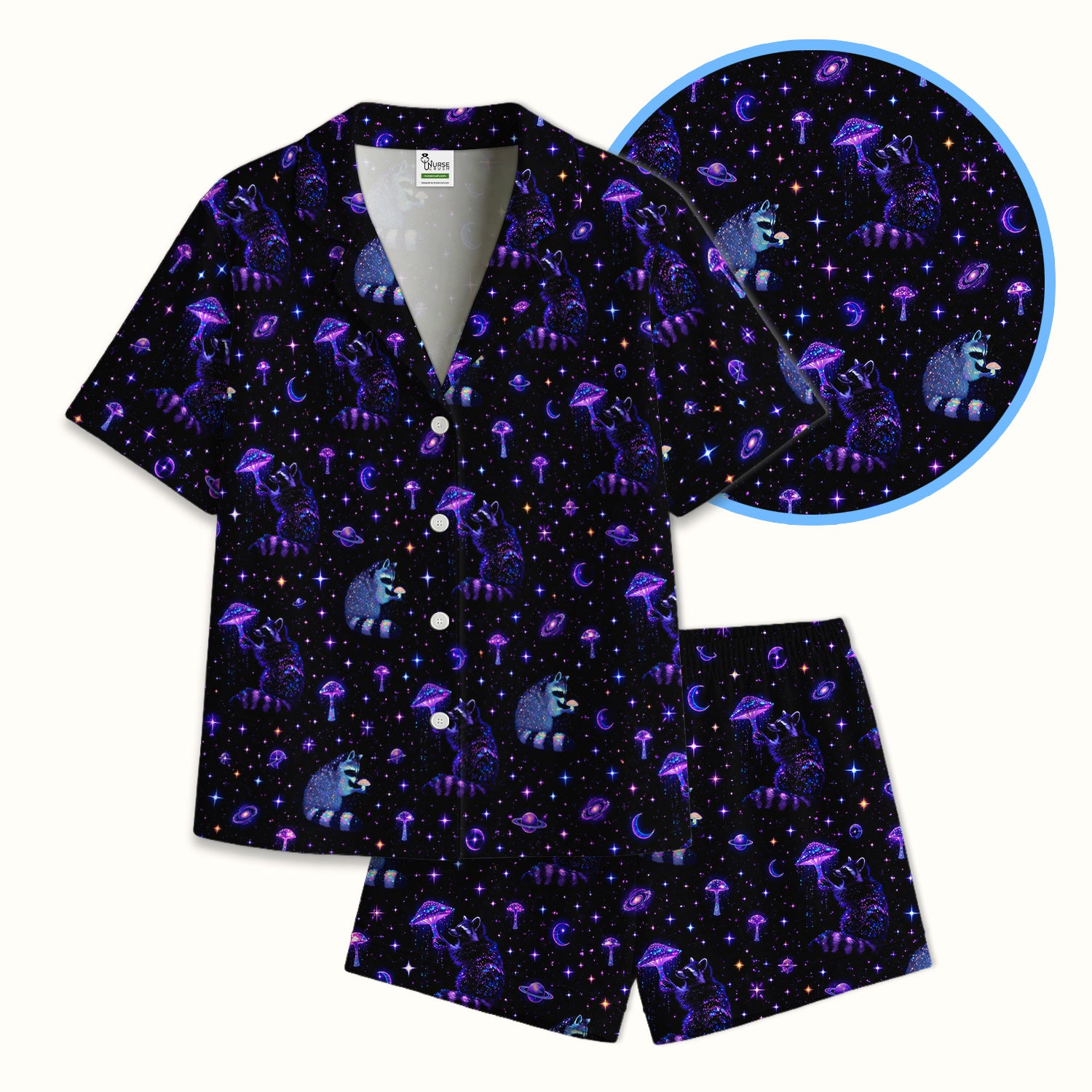 Cute Raccoon Mushroom Galaxy Pattern Pajama Set, Soft Breathable Fabric Comfortable Sleepwear