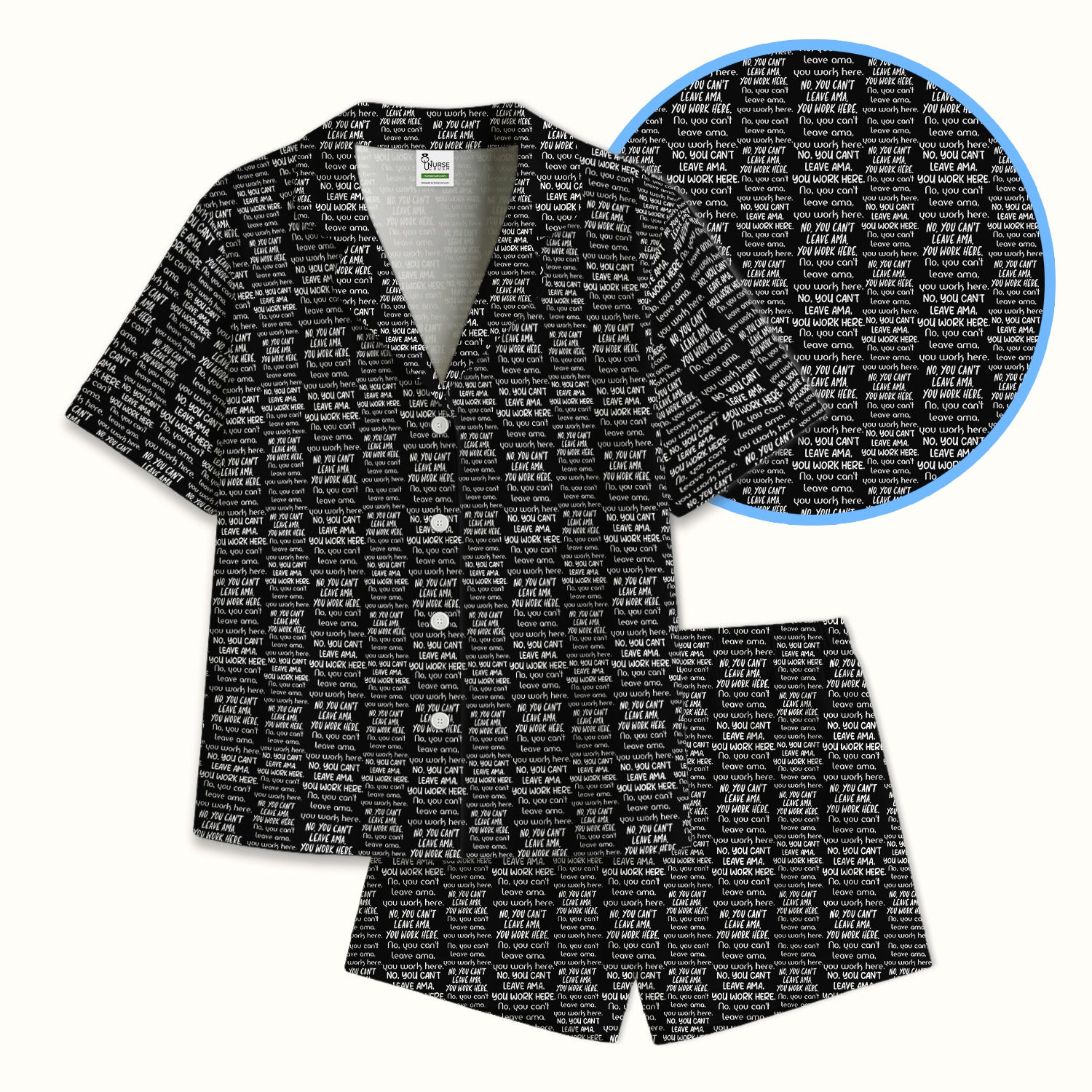 Funny Repeating Nurse Work Quote Text Pattern Pajama Set, Soft Breathable Fabric Comfortable Sleepwear