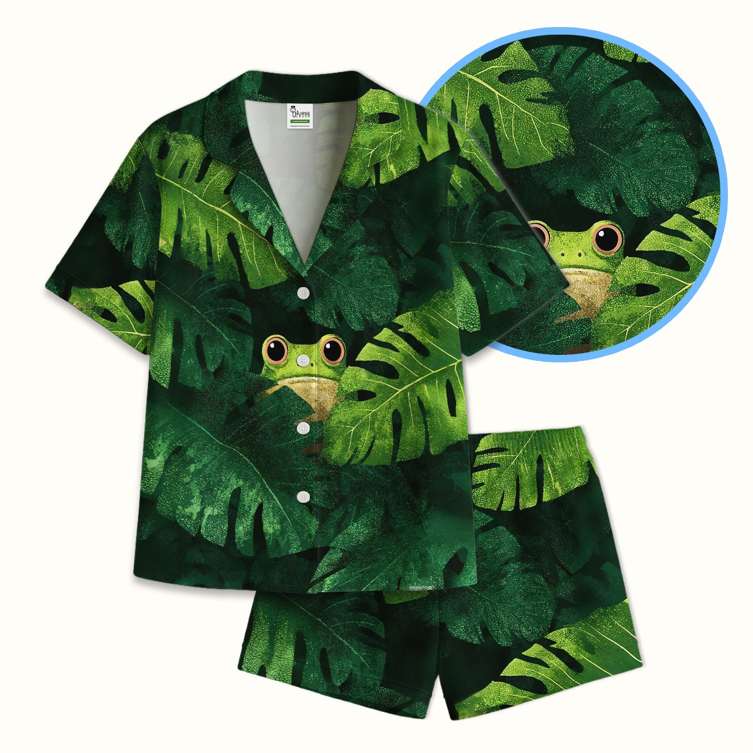 Cute Frog Hiding Jungle Leaves Pattern Nurse Pajama Set, Soft Breathable Fabric Comfortable Sleepwear
