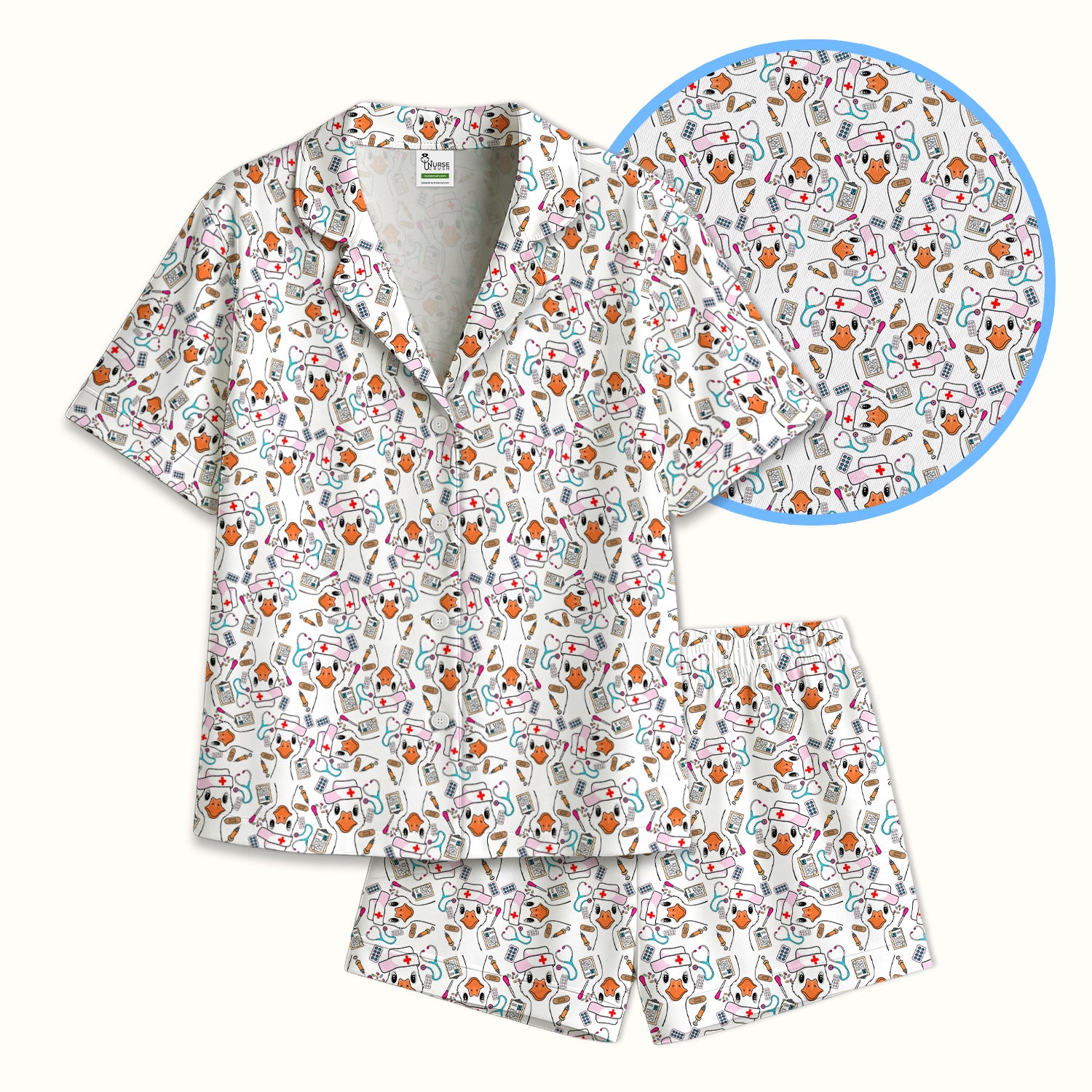 Duck Wearing Hat With Medical Tools Pajama Set, Breathable Fabrics Uniform