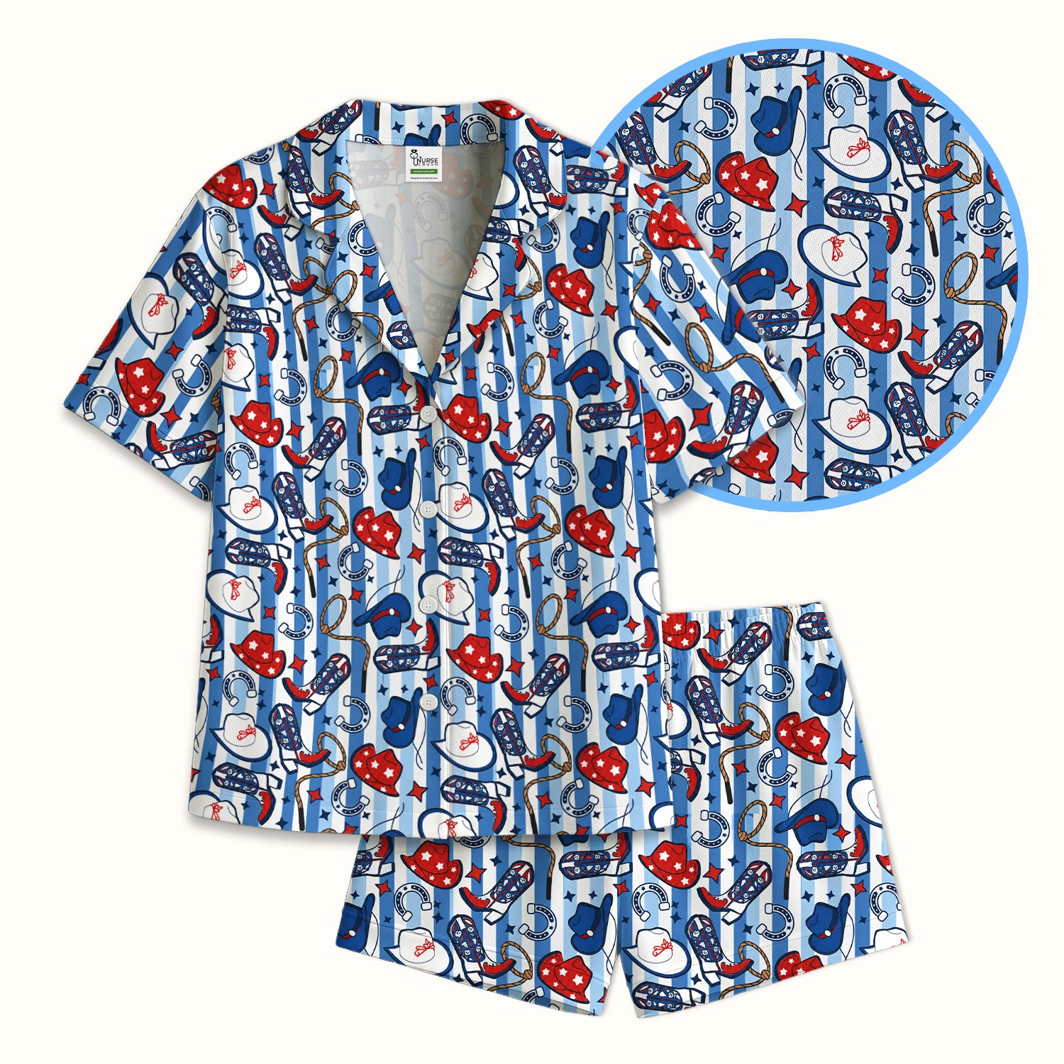 Western Cowboy Boots And Hats PrintPajama Set, Soft Breathable Fabric Comfortable Sleepwear
